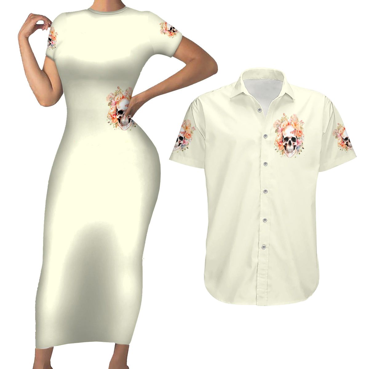 Rose Skull Couples Matching Short Sleeve Bodycon Dress and Hawaiian Shirt The Good Girl In Me Got Tired Of The Bullshit - Wonder Print Shop