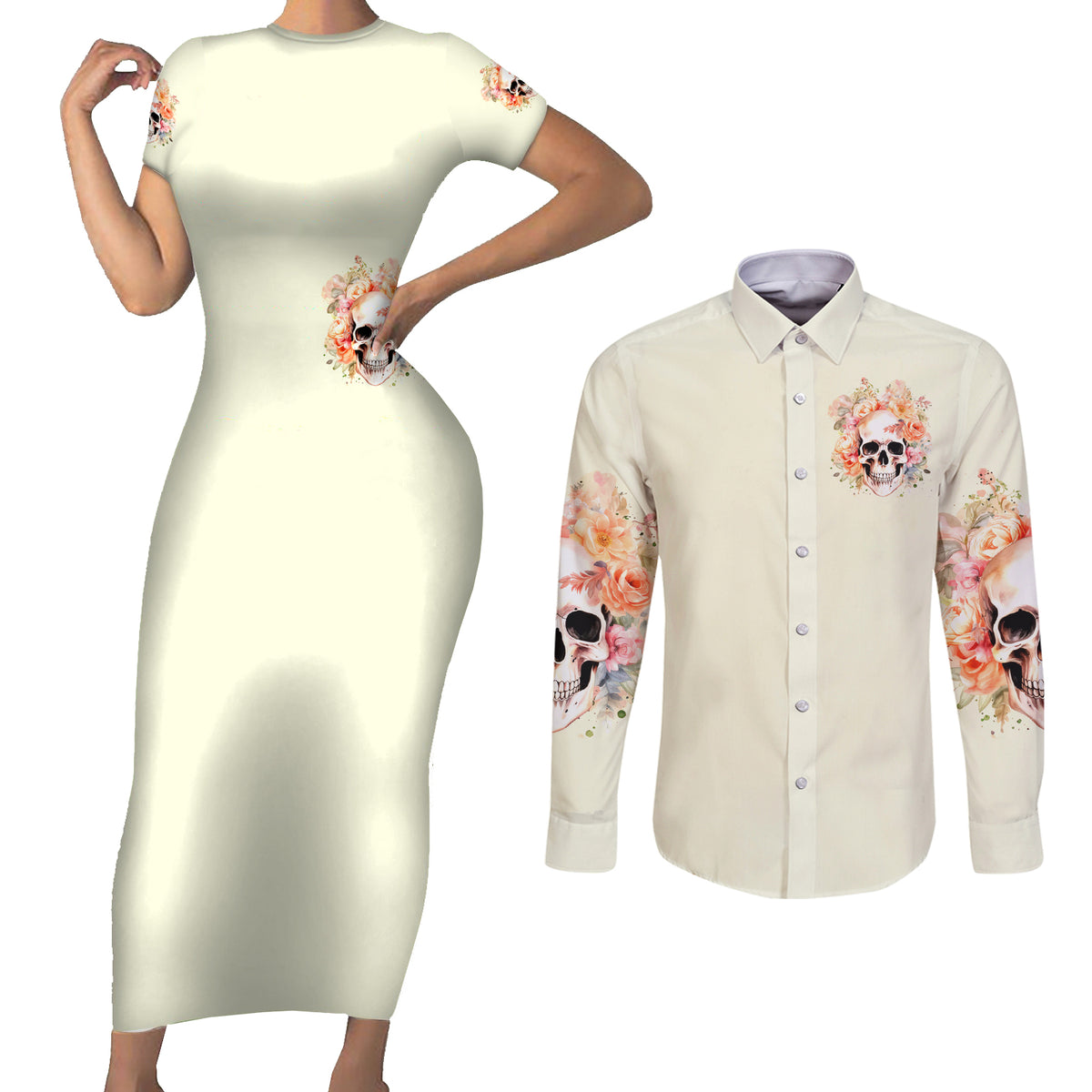 Rose Skull Couples Matching Short Sleeve Bodycon Dress and Long Sleeve Button Shirt The Good Girl In Me Got Tired Of The Bullshit - Wonder Print Shop