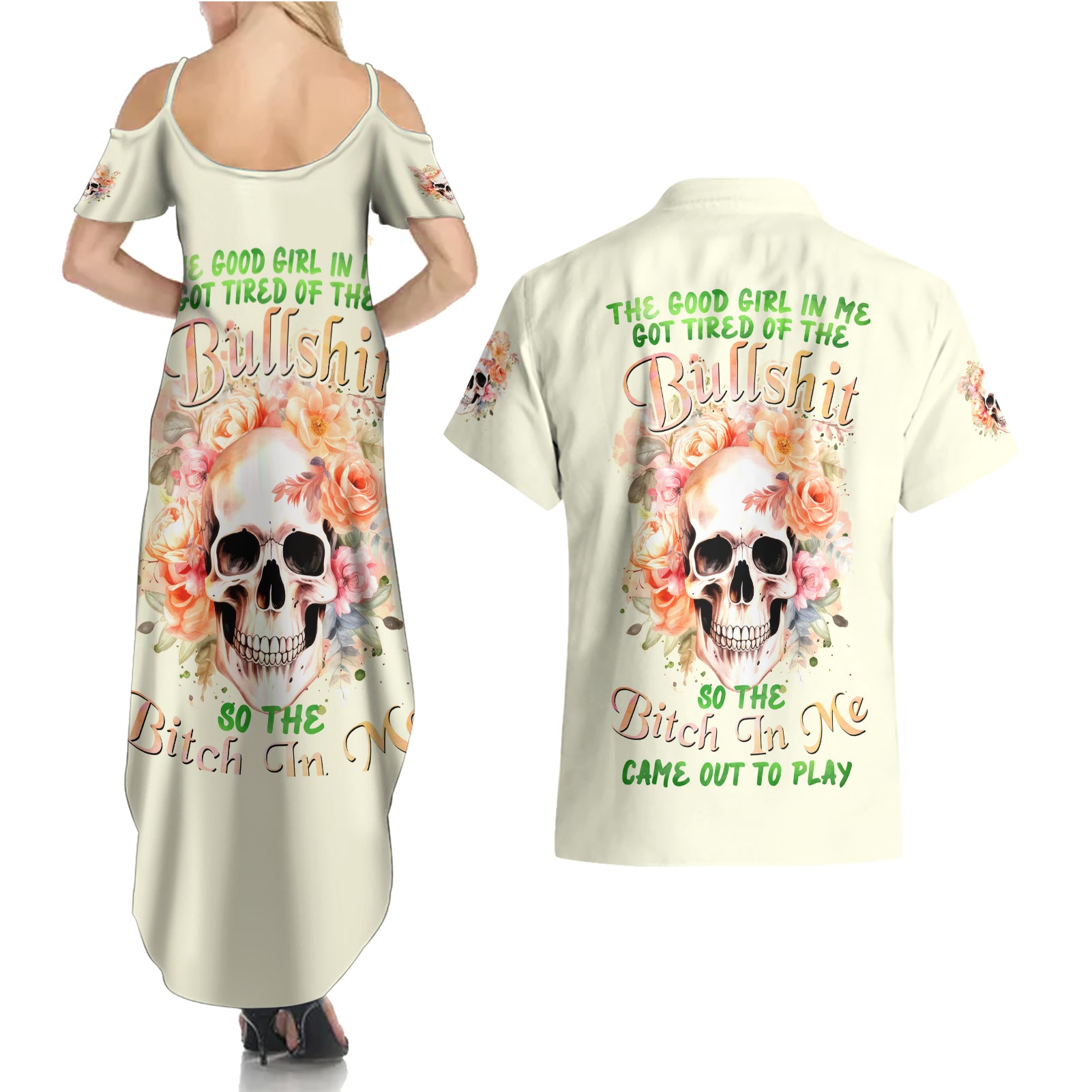 Rose Skull Couples Matching Summer Maxi Dress and Hawaiian Shirt The Good Girl In Me Got Tired Of The Bullshit - Wonder Print Shop