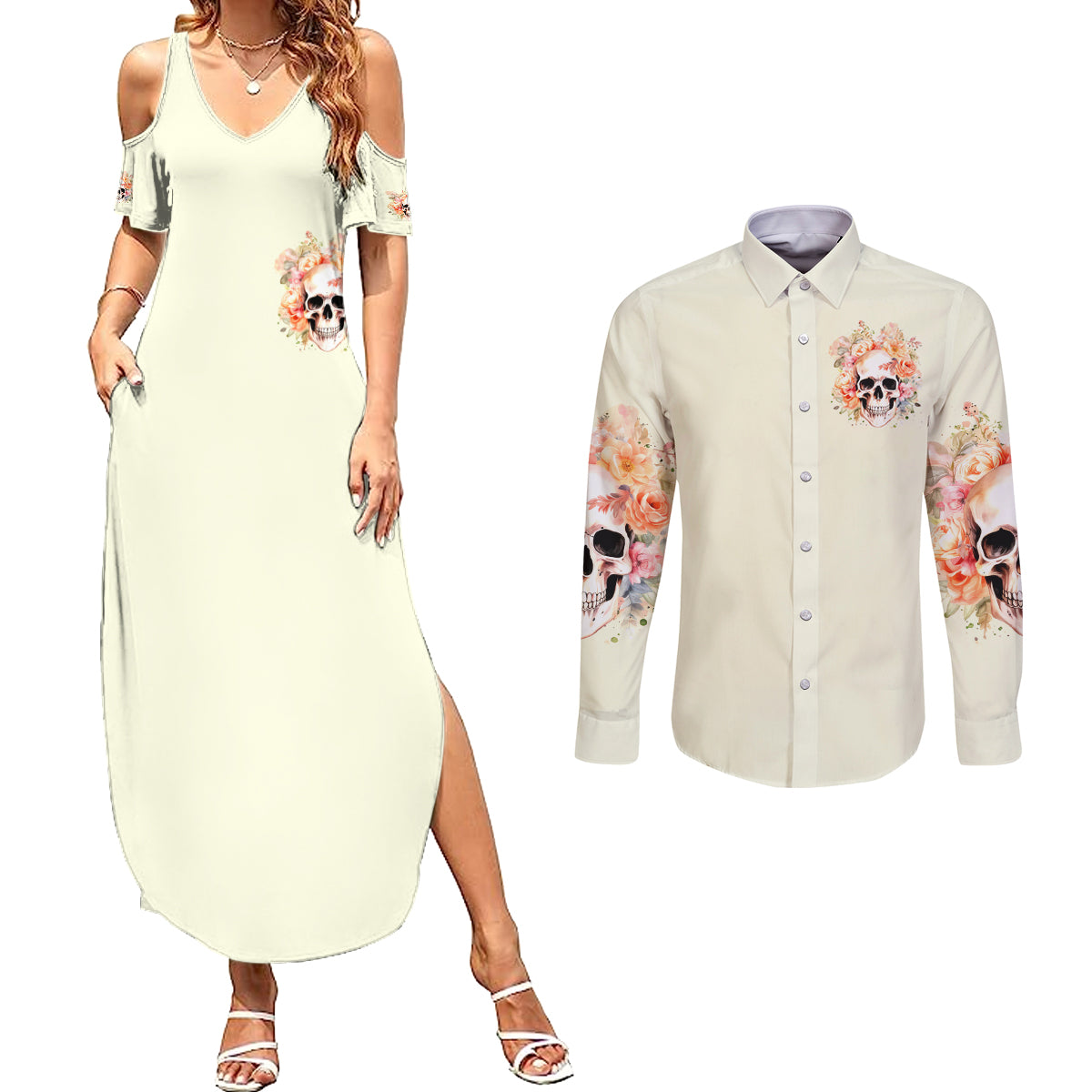 Rose Skull Couples Matching Summer Maxi Dress and Long Sleeve Button Shirt The Good Girl In Me Got Tired Of The Bullshit - Wonder Print Shop