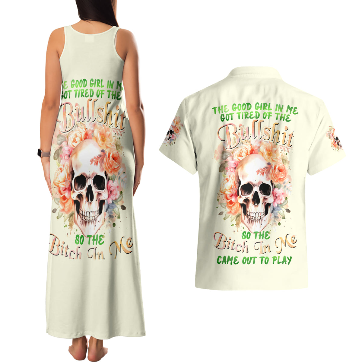 Rose Skull Couples Matching Tank Maxi Dress and Hawaiian Shirt The Good Girl In Me Got Tired Of The Bullshit - Wonder Print Shop