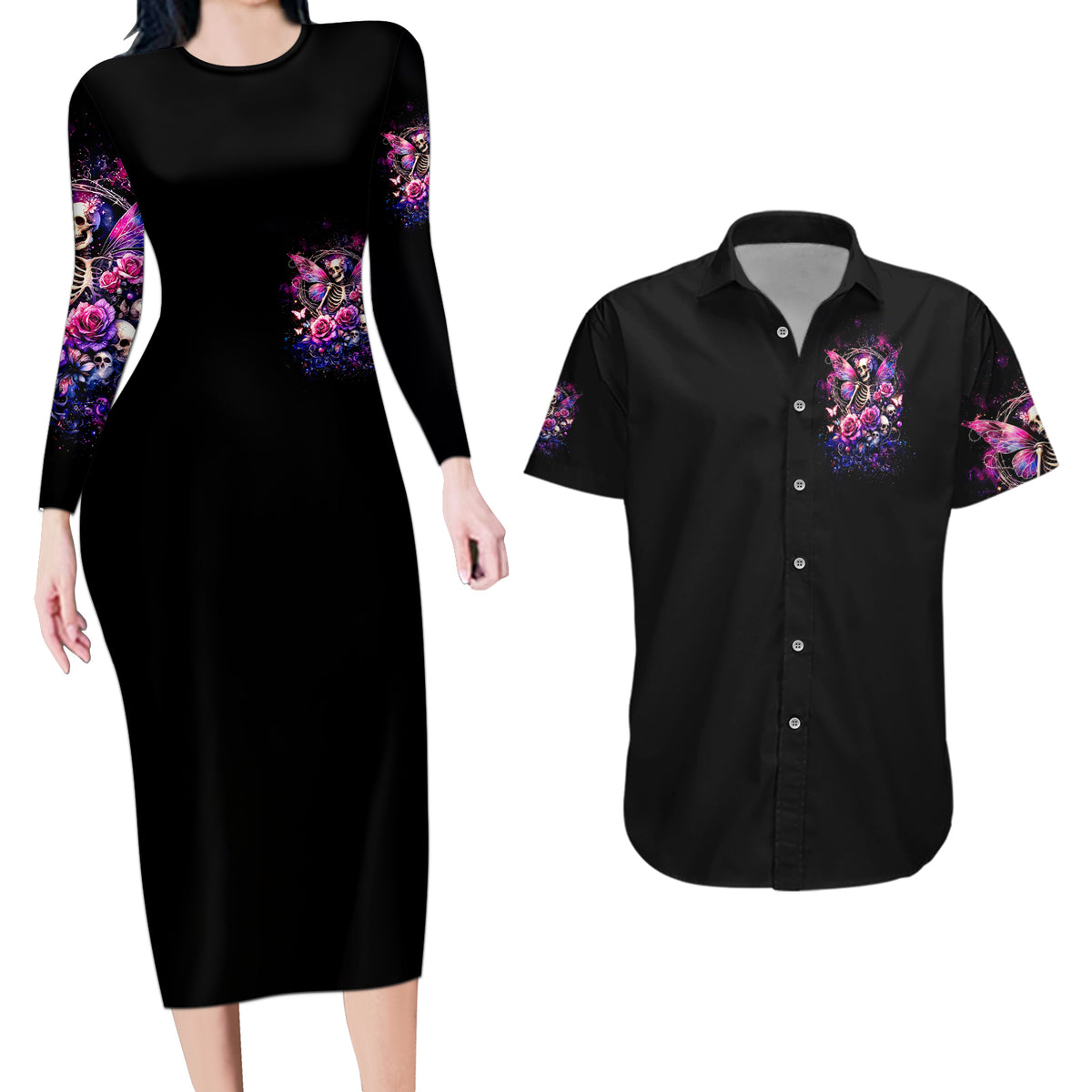 Fairy Skull Couples Matching Long Sleeve Bodycon Dress and Hawaiian Shirt Let Karma Handle Their Fate - Wonder Print Shop