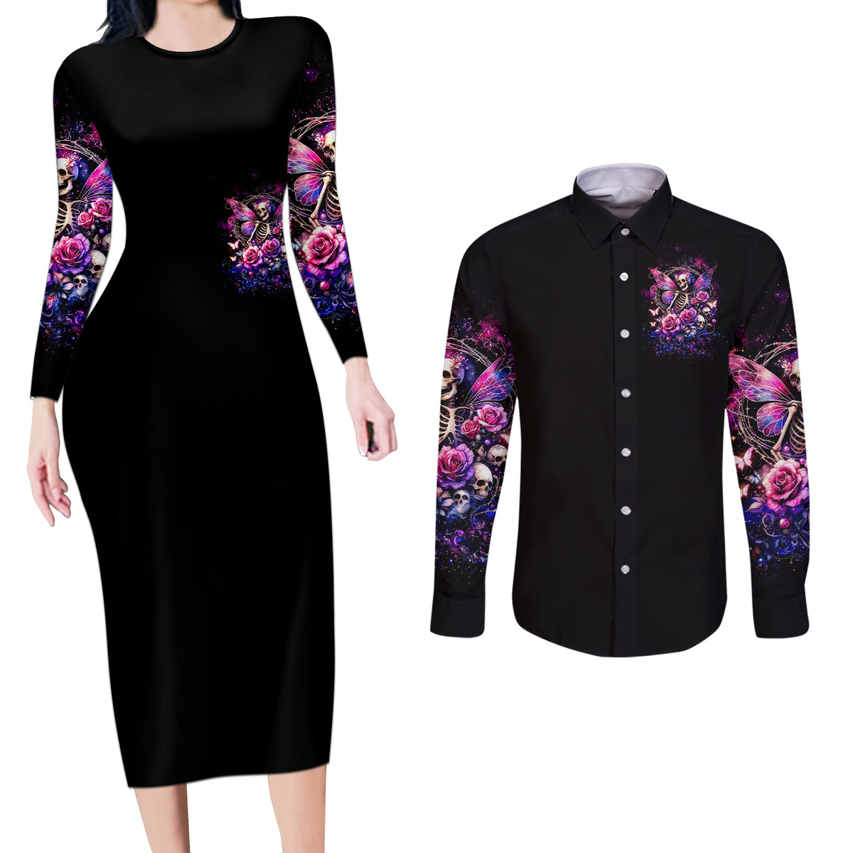 Fairy Skull Couples Matching Long Sleeve Bodycon Dress and Long Sleeve Button Shirt Let Karma Handle Their Fate - Wonder Print Shop