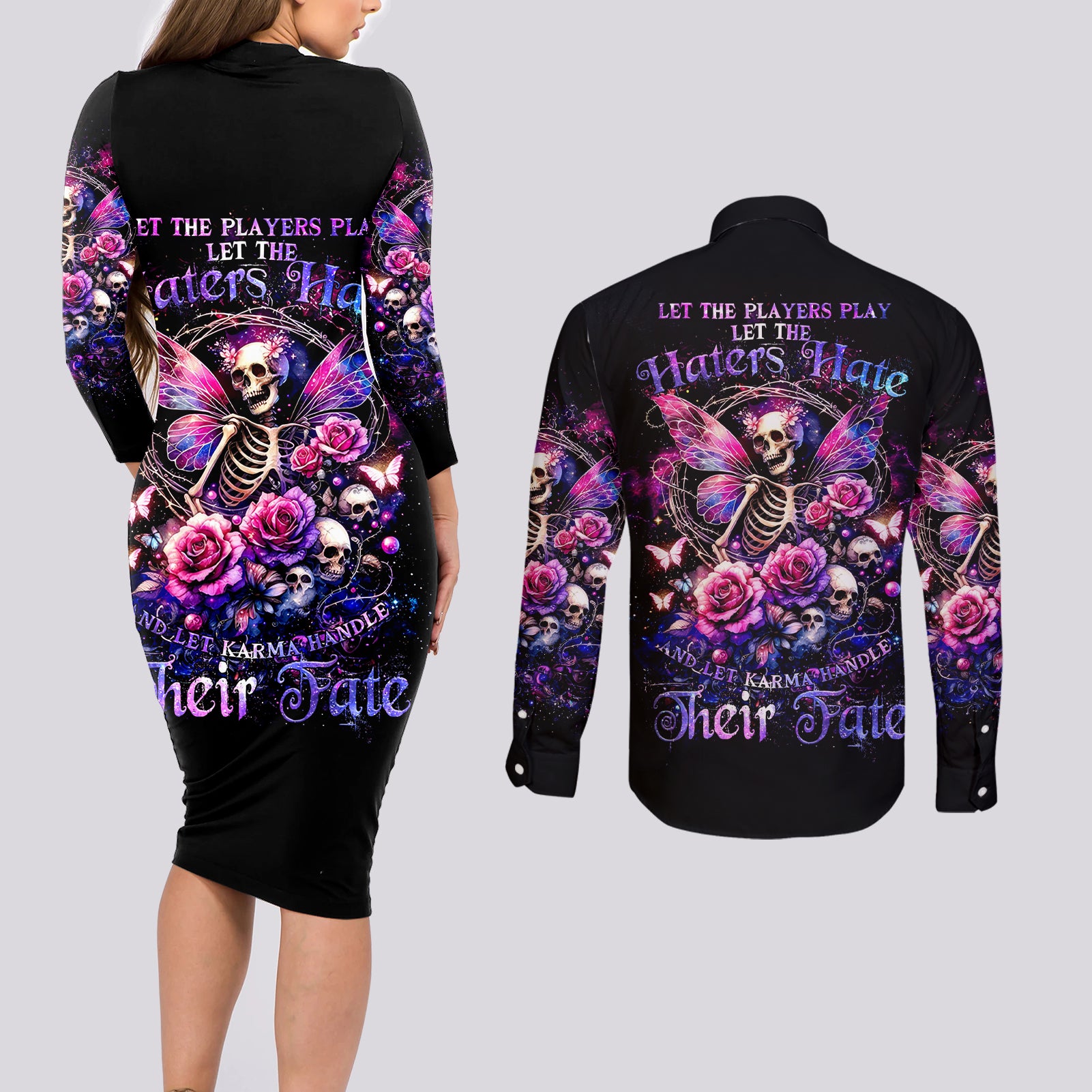 Fairy Skull Couples Matching Long Sleeve Bodycon Dress and Long Sleeve Button Shirt Let Karma Handle Their Fate - Wonder Print Shop