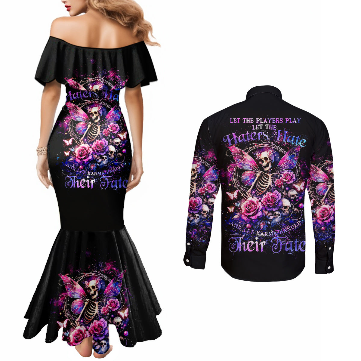 Fairy Skull Couples Matching Mermaid Dress and Long Sleeve Button Shirt Let Karma Handle Their Fate