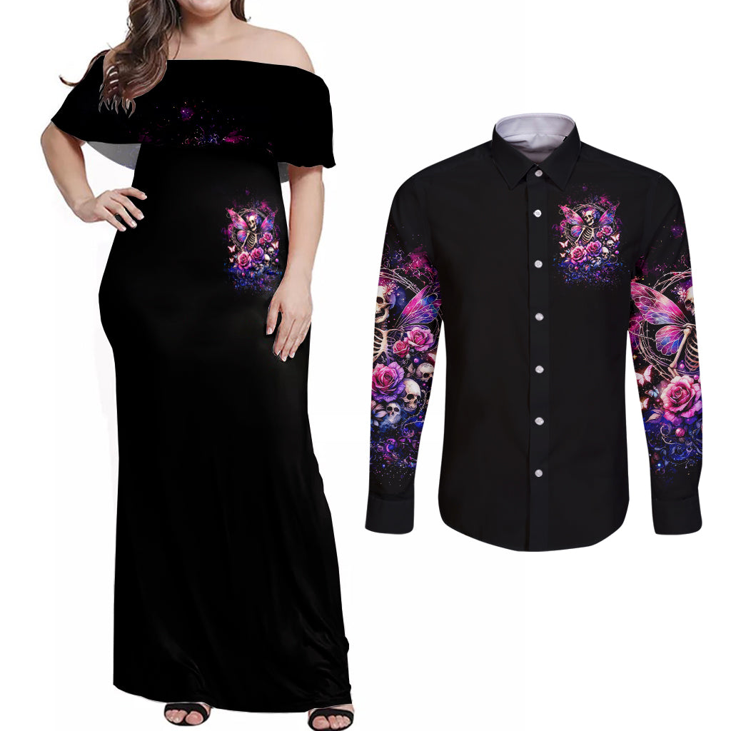 Fairy Skull Couples Matching Off Shoulder Maxi Dress and Long Sleeve Button Shirt Let Karma Handle Their Fate - Wonder Print Shop