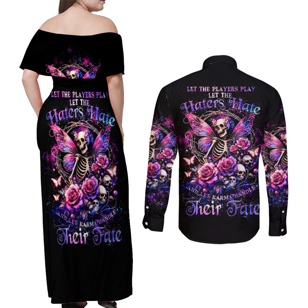 Fairy Skull Couples Matching Off Shoulder Maxi Dress and Long Sleeve Button Shirt Let Karma Handle Their Fate - Wonder Print Shop