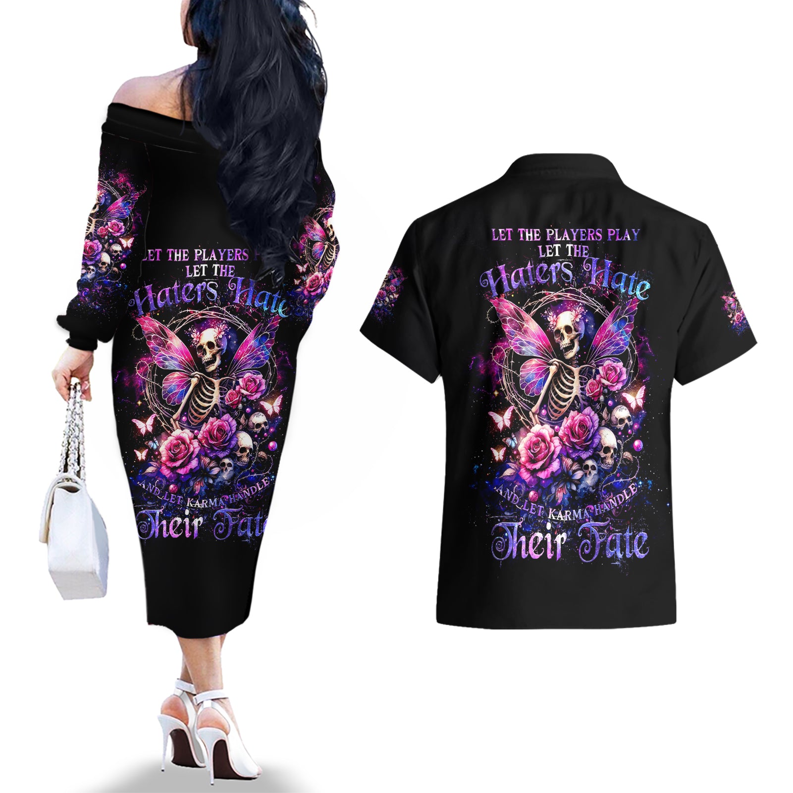 Fairy Skull Couples Matching Off The Shoulder Long Sleeve Dress and Hawaiian Shirt Let Karma Handle Their Fate - Wonder Print Shop