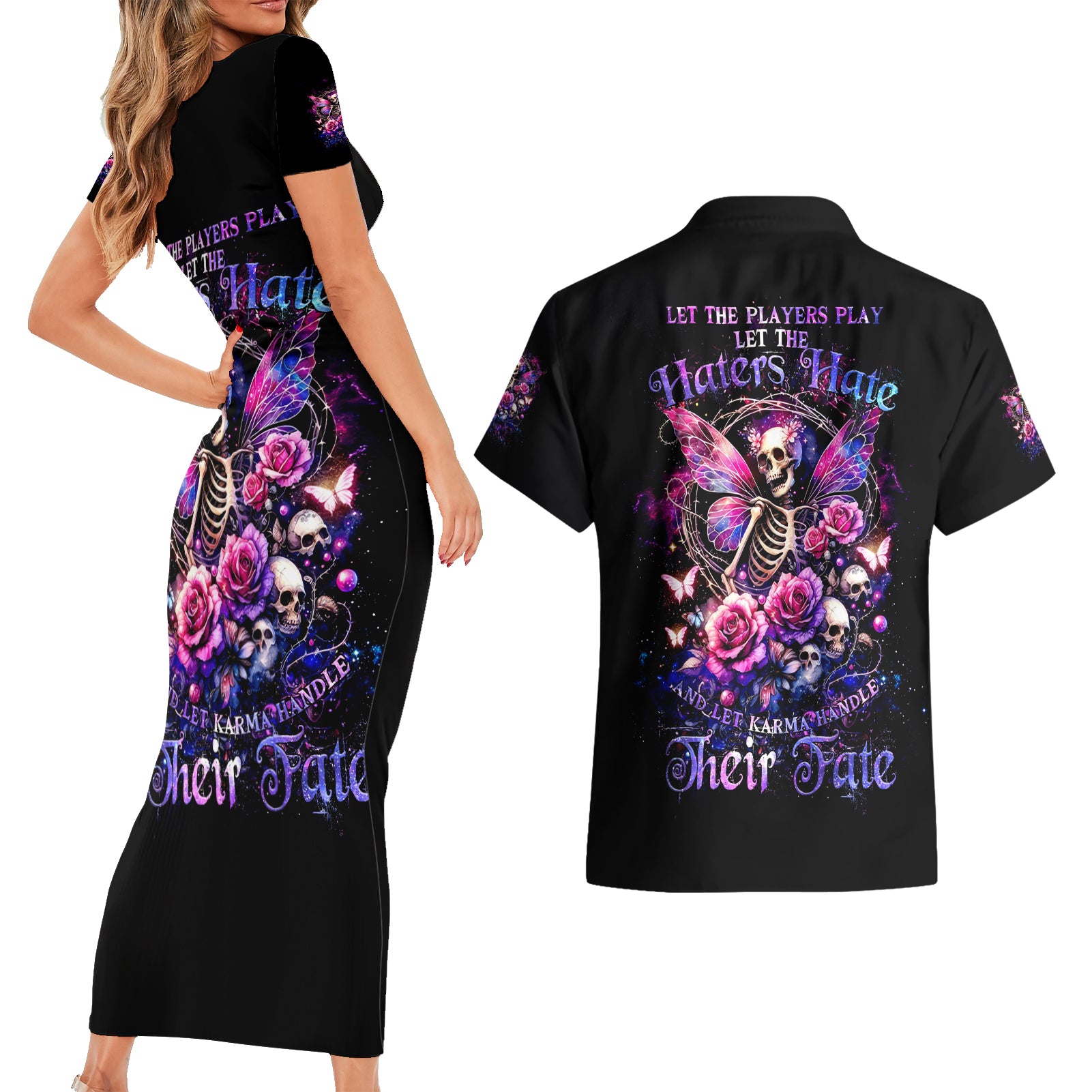 Fairy Skull Couples Matching Short Sleeve Bodycon Dress and Hawaiian Shirt Let Karma Handle Their Fate - Wonder Print Shop