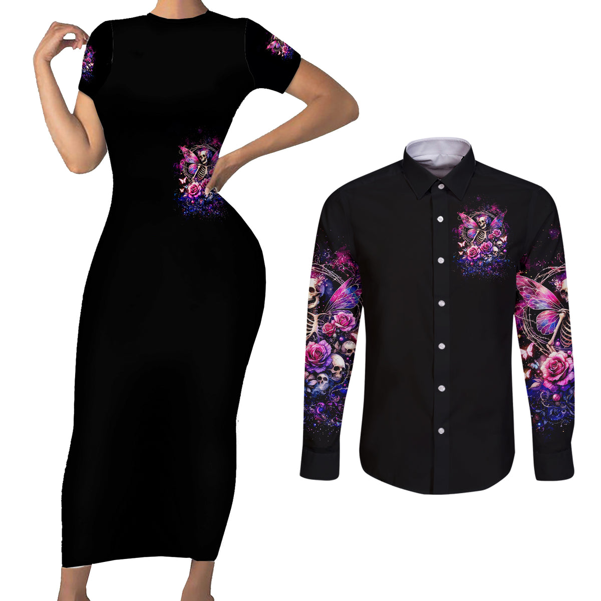 Fairy Skull Couples Matching Short Sleeve Bodycon Dress and Long Sleeve Button Shirt Let Karma Handle Their Fate - Wonder Print Shop