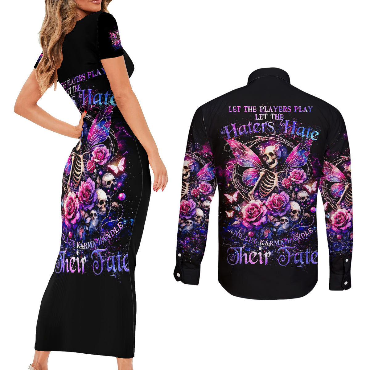 Fairy Skull Couples Matching Short Sleeve Bodycon Dress and Long Sleeve Button Shirt Let Karma Handle Their Fate - Wonder Print Shop
