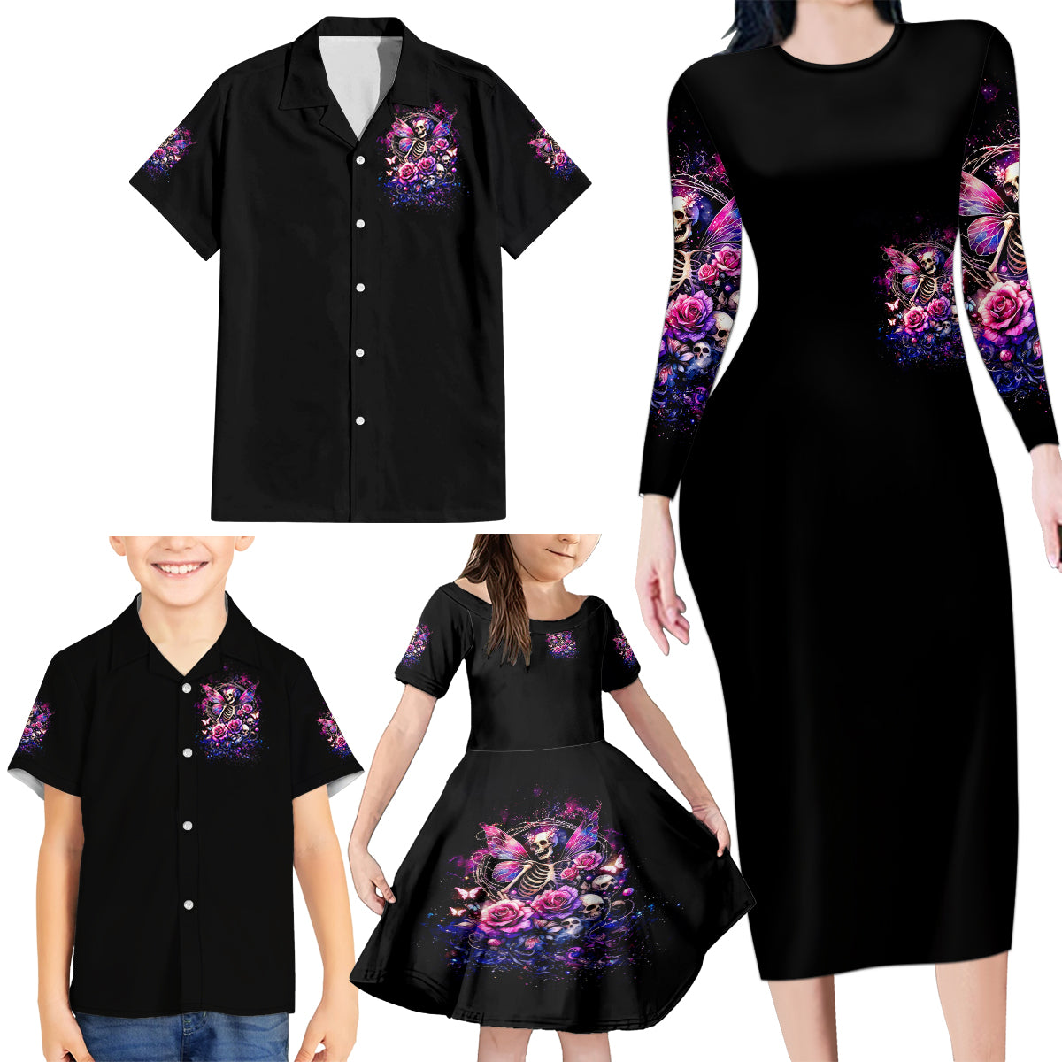 Fairy Skull Family Matching Long Sleeve Bodycon Dress and Hawaiian Shirt Let Karma Handle Their Fate - Wonder Print Shop