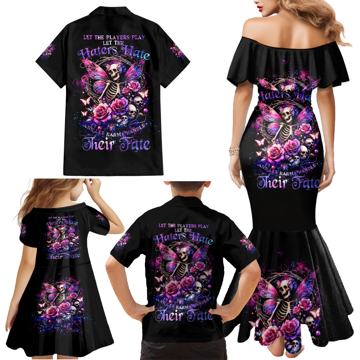 Fairy Skull Family Matching Mermaid Dress and Hawaiian Shirt Let Karma Handle Their Fate - Wonder Print Shop