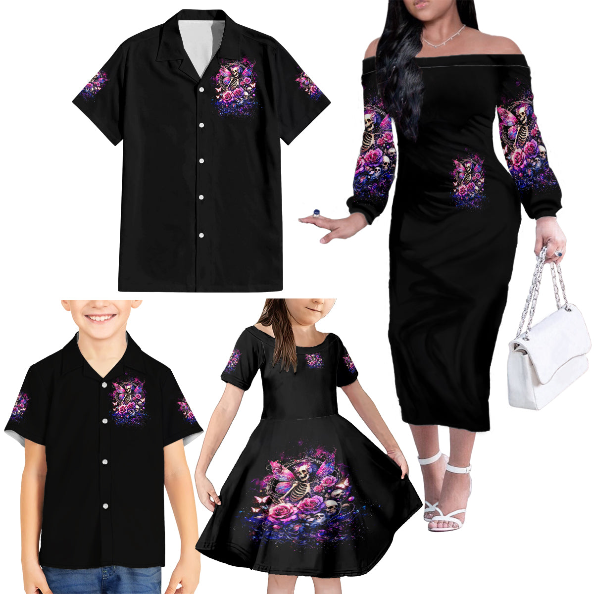 Fairy Skull Family Matching Off Shoulder Long Sleeve Dress and Hawaiian Shirt Let Karma Handle Their Fate - Wonder Print Shop