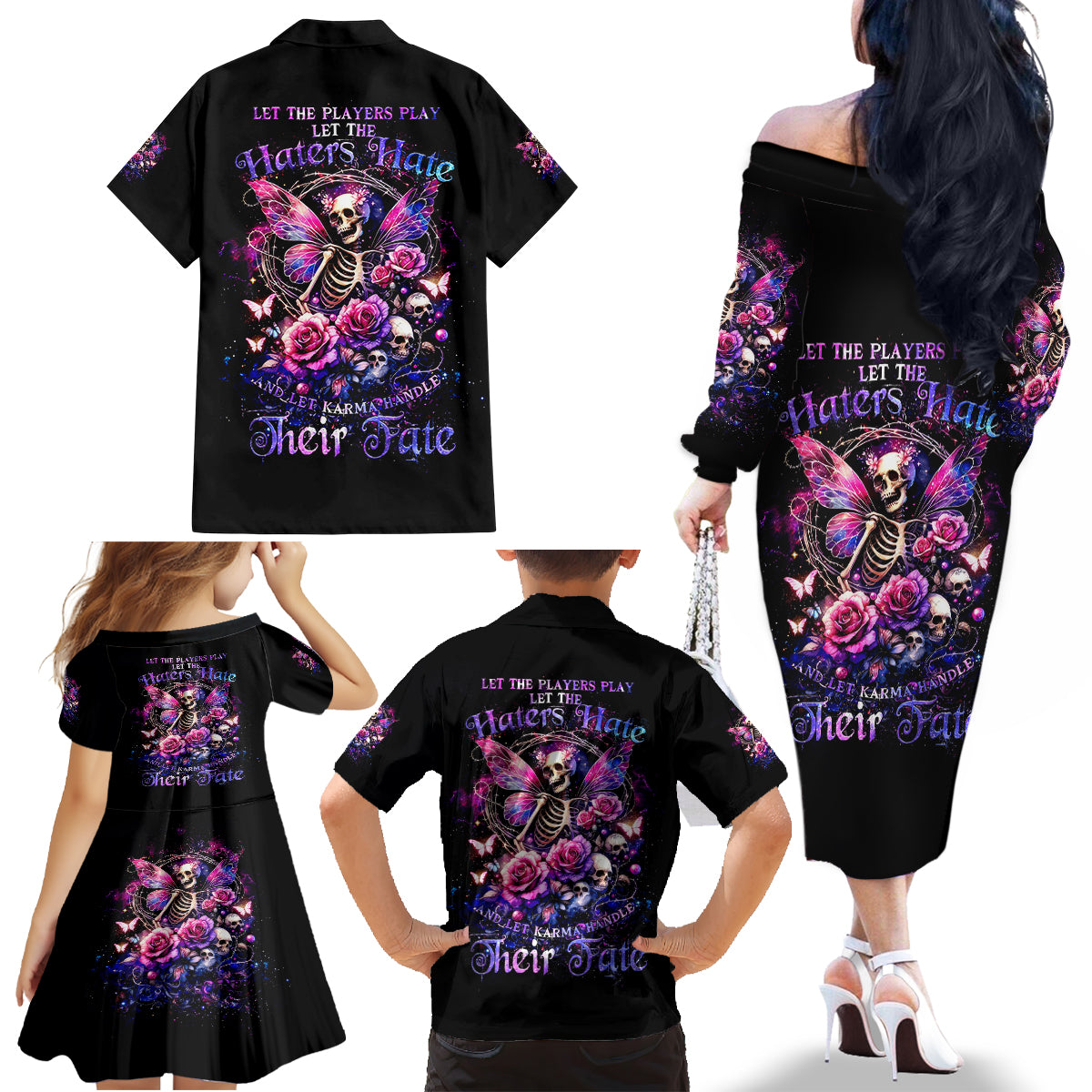 Fairy Skull Family Matching Off Shoulder Long Sleeve Dress and Hawaiian Shirt Let Karma Handle Their Fate - Wonder Print Shop