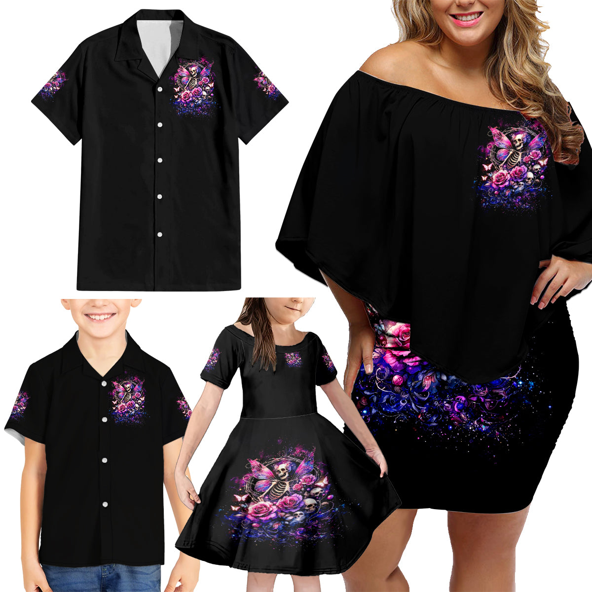 Fairy Skull Family Matching Off Shoulder Short Dress and Hawaiian Shirt Let Karma Handle Their Fate - Wonder Print Shop