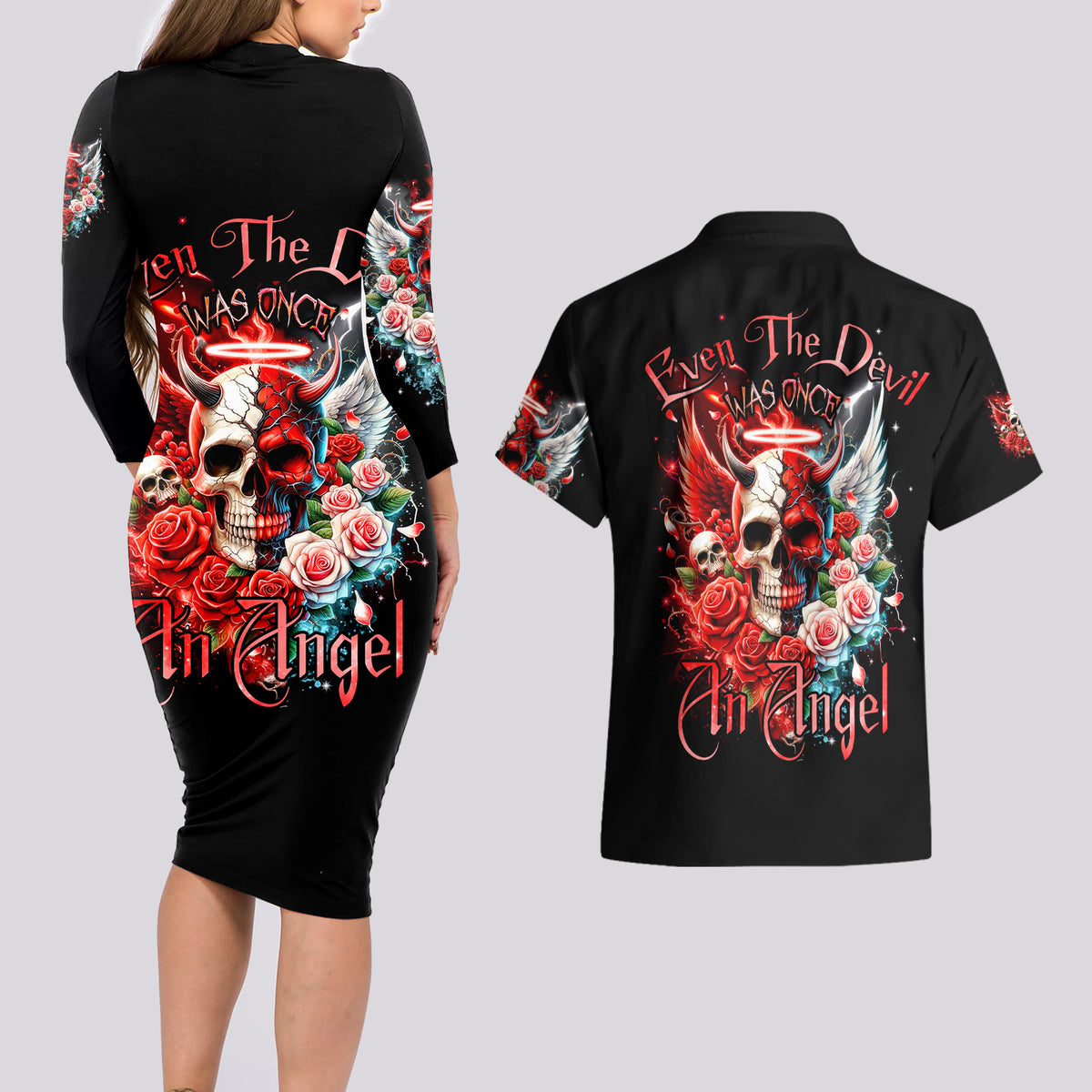 Evil Angel Skull Couples Matching Long Sleeve Bodycon Dress and Hawaiian Shirt Even The Devil Was Once An Angel - Wonder Print Shop