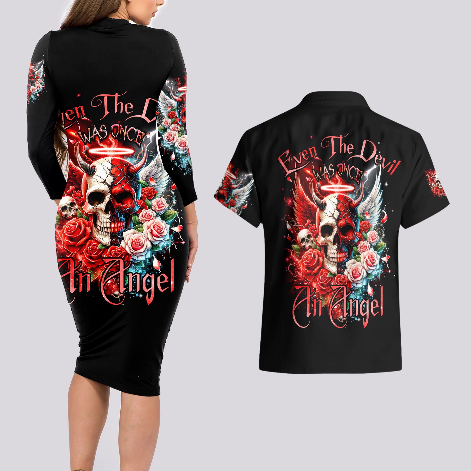 Evil Angel Skull Couples Matching Long Sleeve Bodycon Dress and Hawaiian Shirt Even The Devil Was Once An Angel - Wonder Print Shop