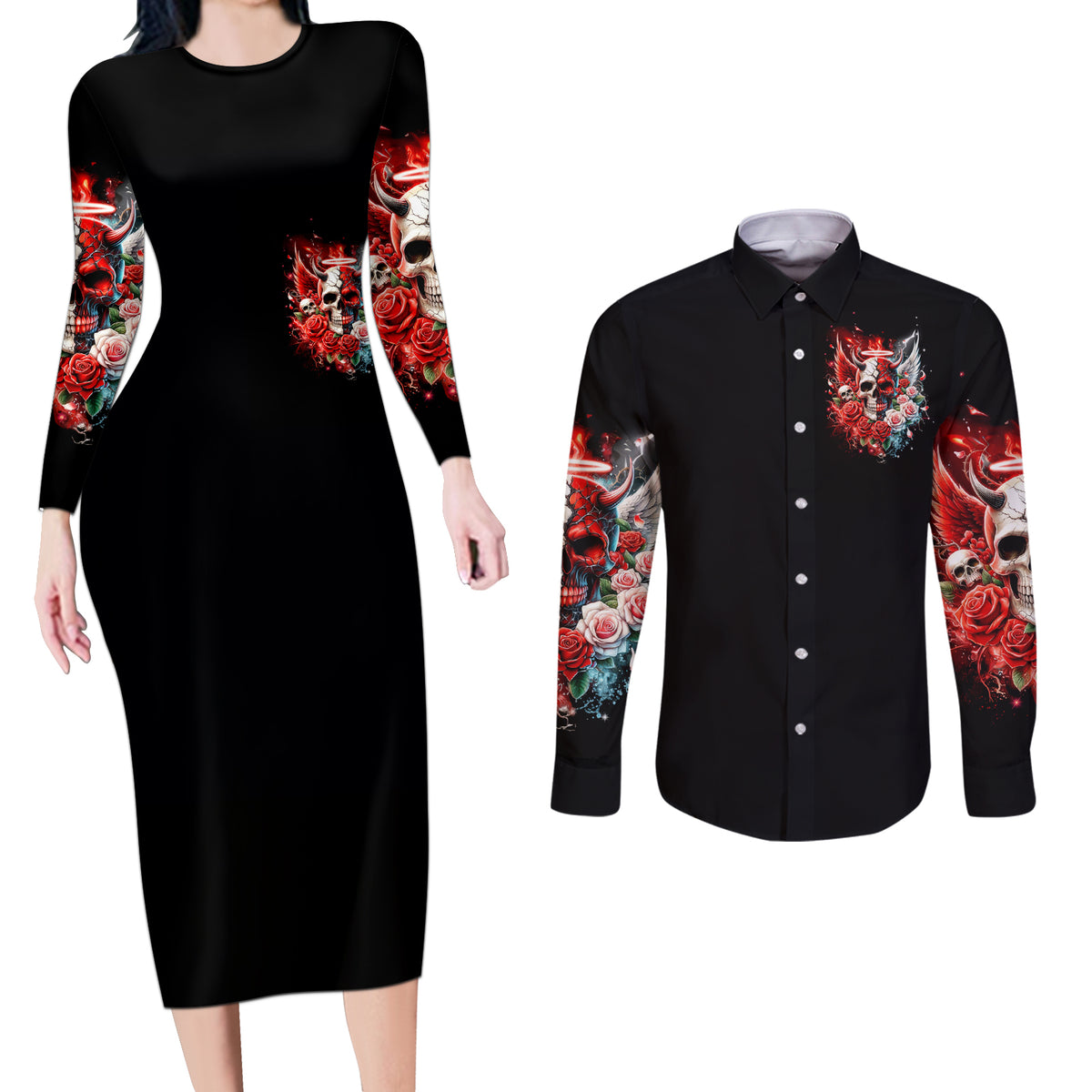 Evil Angel Skull Couples Matching Long Sleeve Bodycon Dress and Long Sleeve Button Shirt Even The Devil Was Once An Angel - Wonder Print Shop