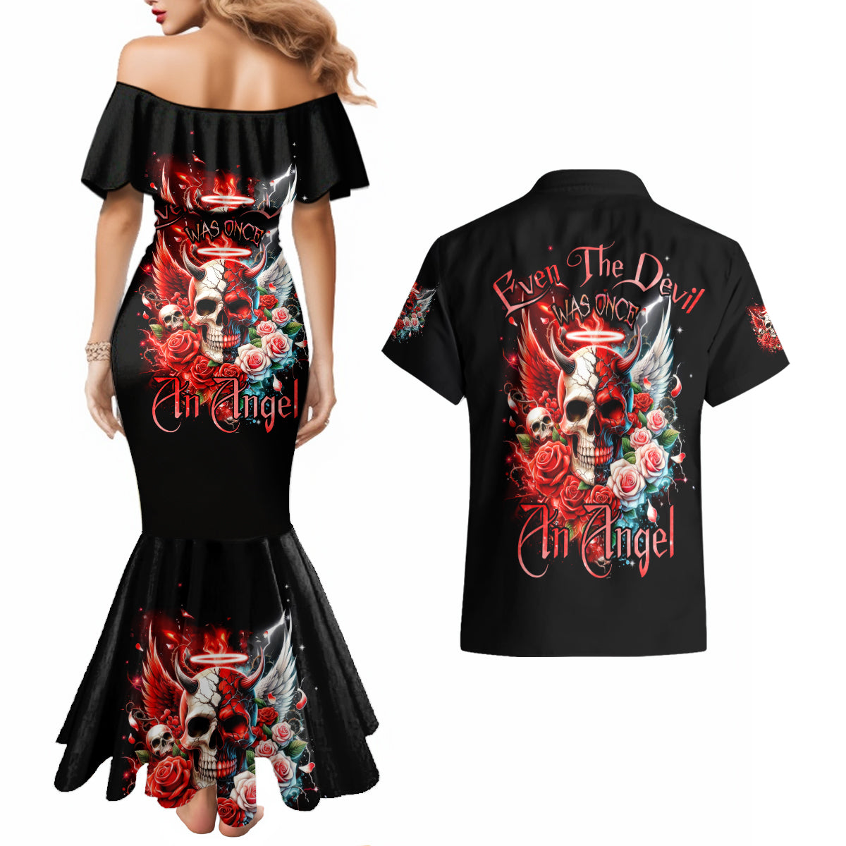 Evil Angel Skull Couples Matching Mermaid Dress and Hawaiian Shirt Even The Devil Was Once An Angel - Wonder Print Shop