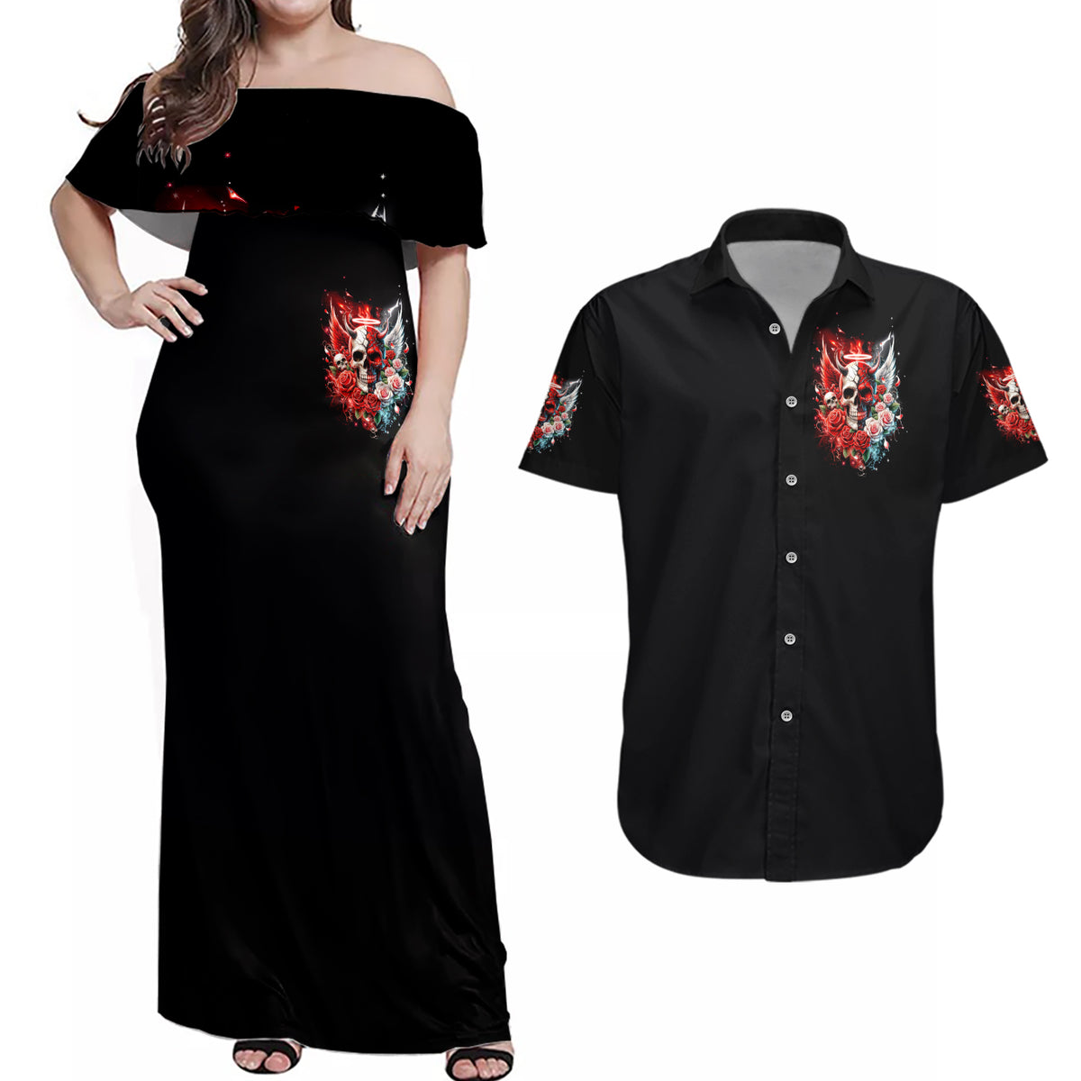 Evil Angel Skull Couples Matching Off Shoulder Maxi Dress and Hawaiian Shirt Even The Devil Was Once An Angel - Wonder Print Shop