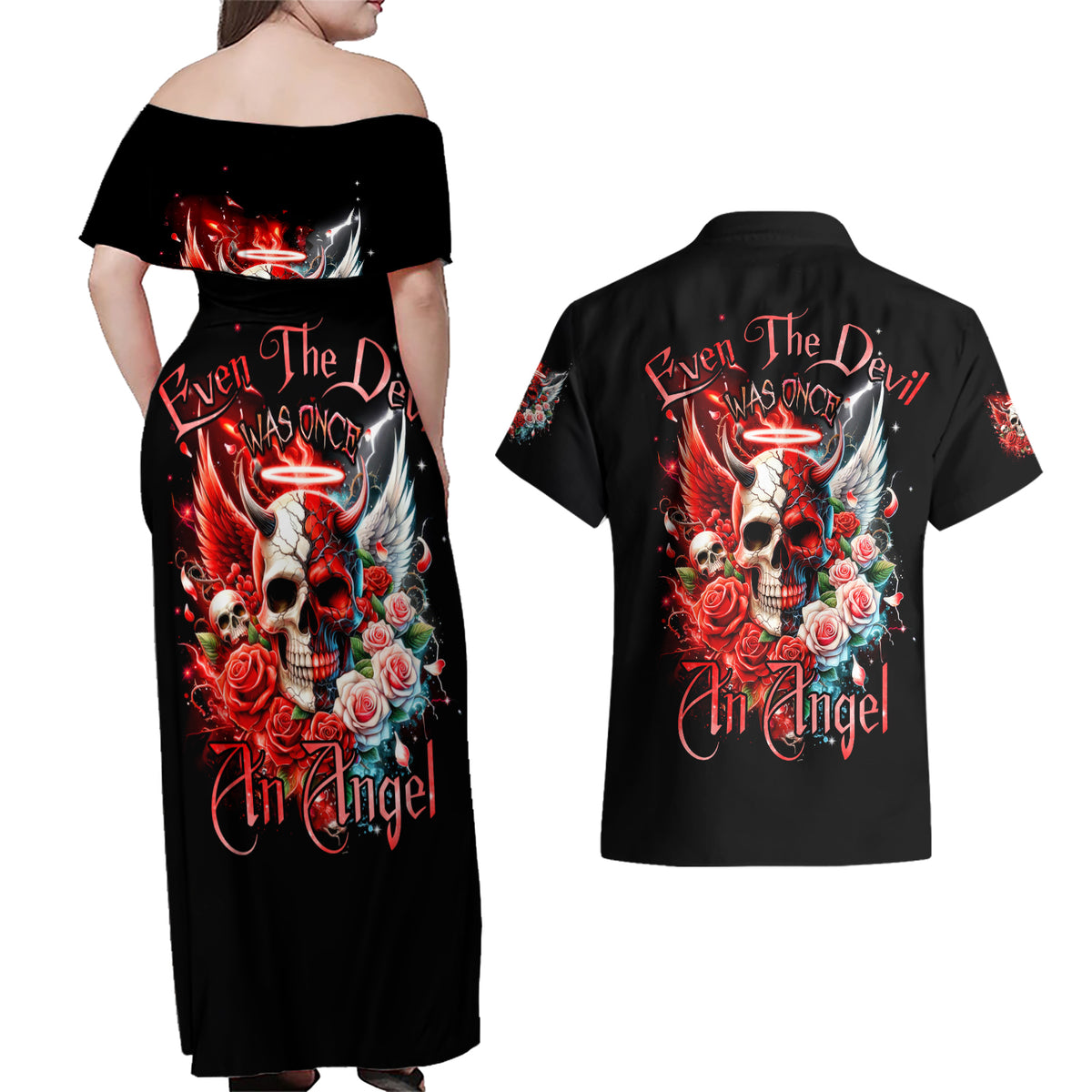 Evil Angel Skull Couples Matching Off Shoulder Maxi Dress and Hawaiian Shirt Even The Devil Was Once An Angel - Wonder Print Shop