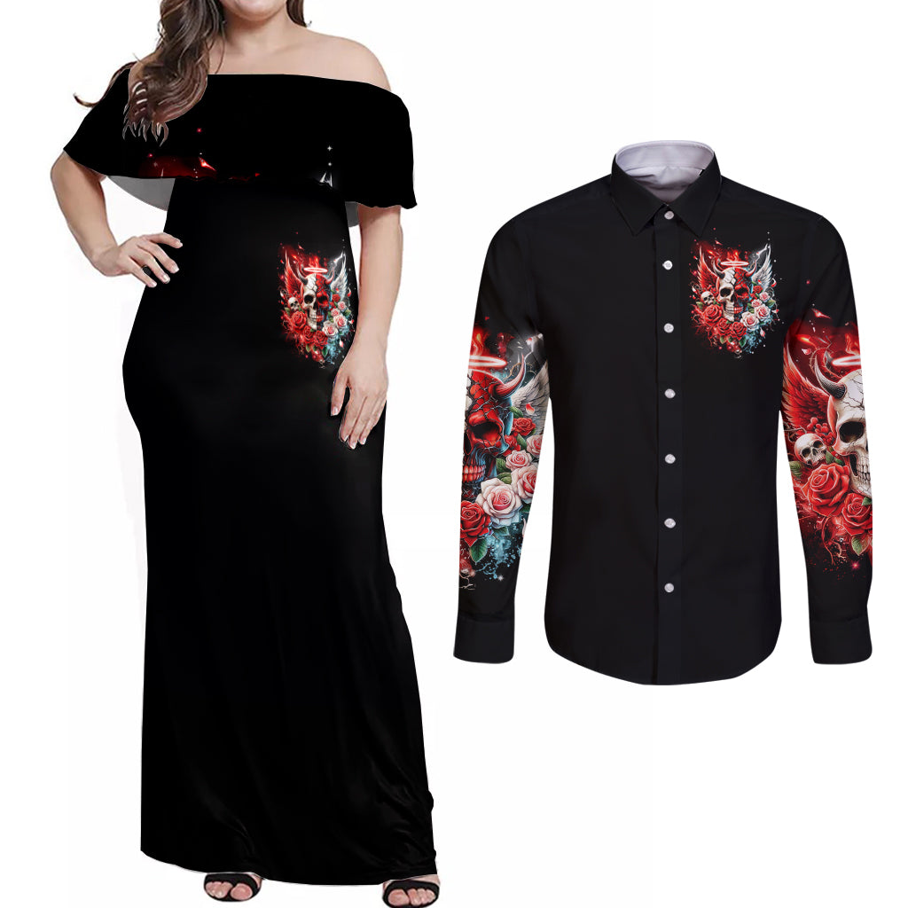 Evil Angel Skull Couples Matching Off Shoulder Maxi Dress and Long Sleeve Button Shirt Even The Devil Was Once An Angel - Wonder Print Shop