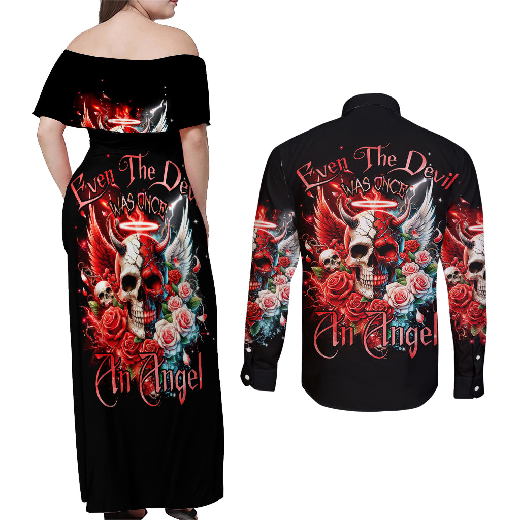 Evil Angel Skull Couples Matching Off Shoulder Maxi Dress and Long Sleeve Button Shirt Even The Devil Was Once An Angel - Wonder Print Shop
