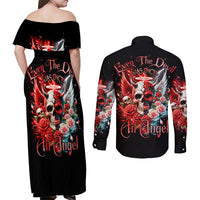 Evil Angel Skull Couples Matching Off Shoulder Maxi Dress and Long Sleeve Button Shirt Even The Devil Was Once An Angel - Wonder Print Shop