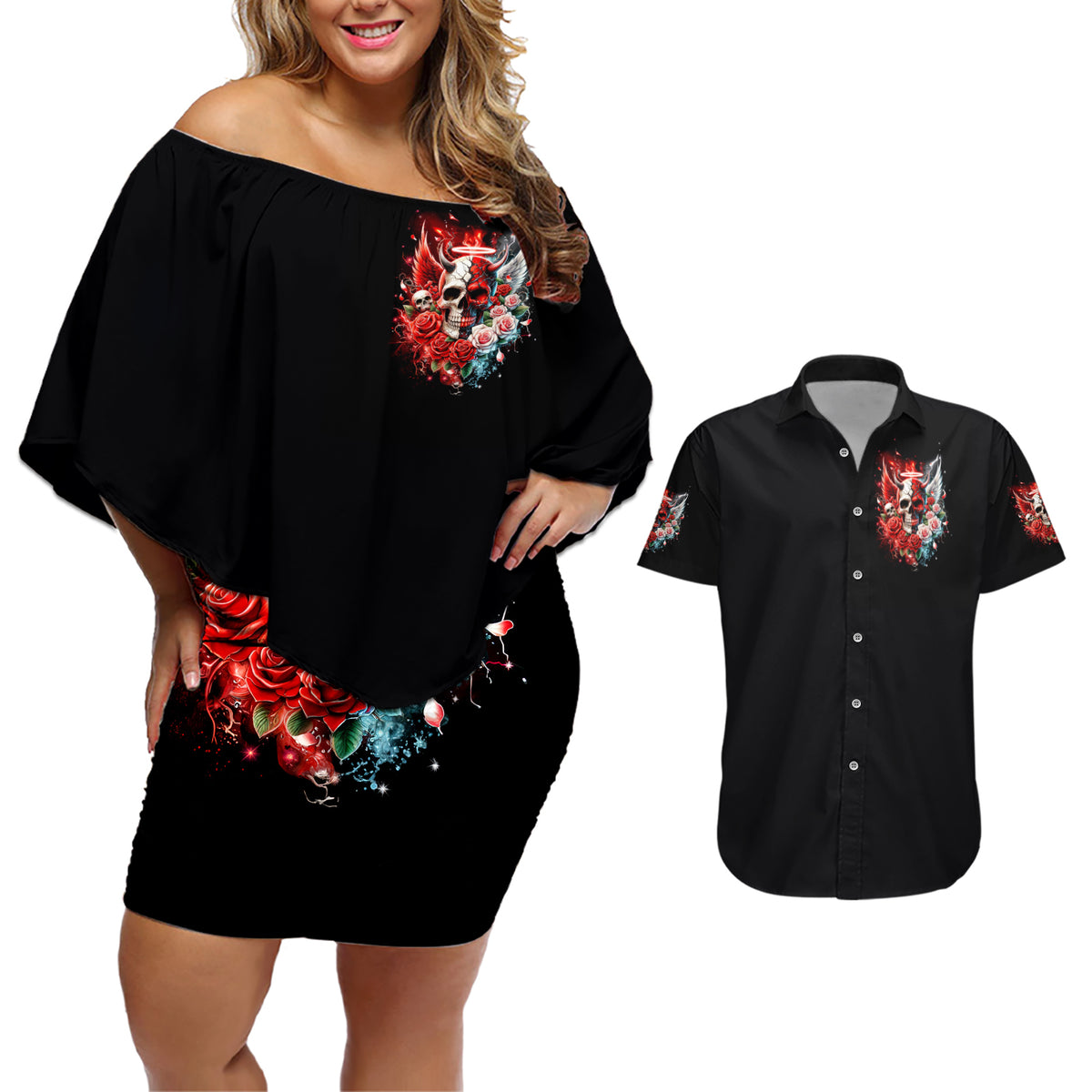 Evil Angel Skull Couples Matching Off Shoulder Short Dress and Hawaiian Shirt Even The Devil Was Once An Angel - Wonder Print Shop
