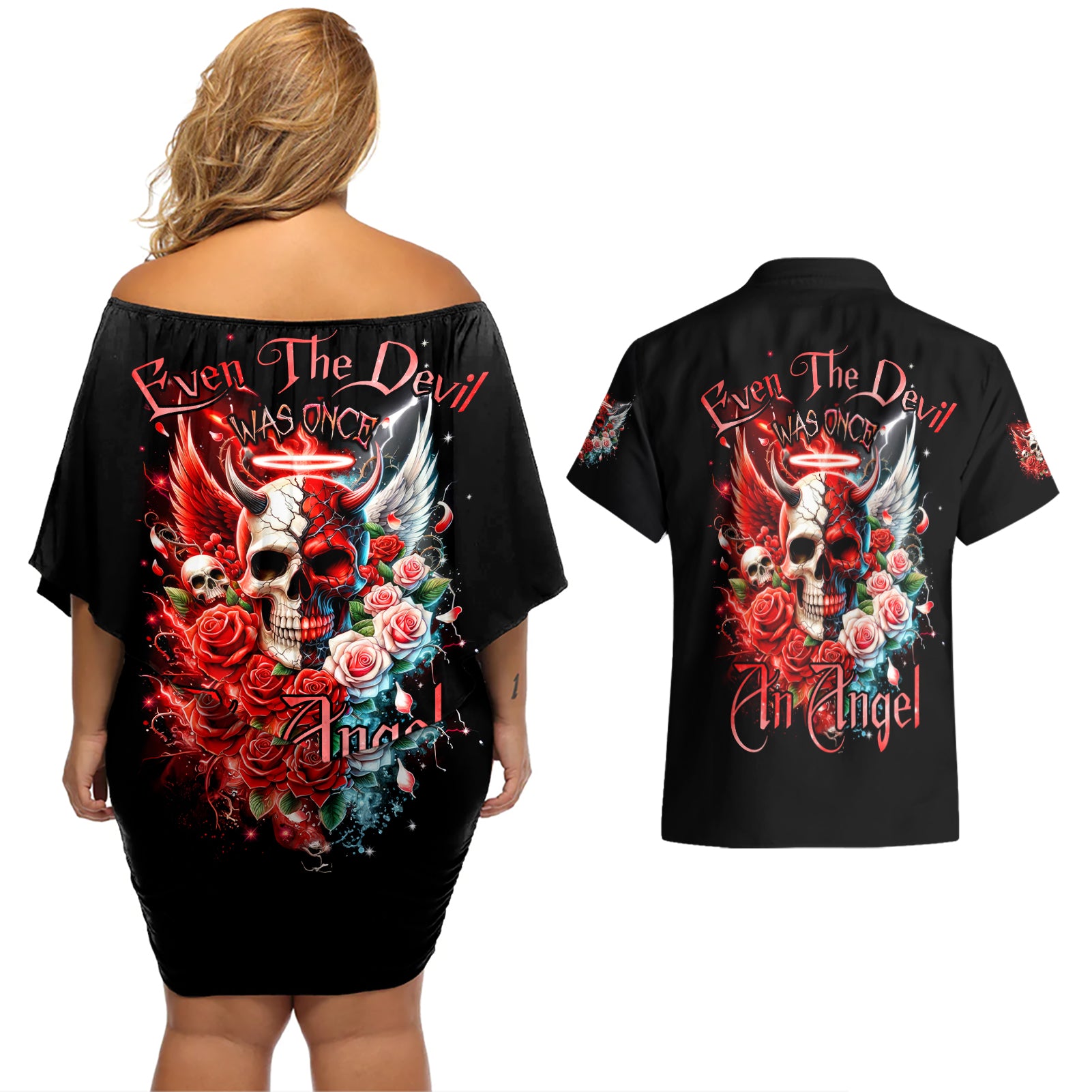 Evil Angel Skull Couples Matching Off Shoulder Short Dress and Hawaiian Shirt Even The Devil Was Once An Angel - Wonder Print Shop