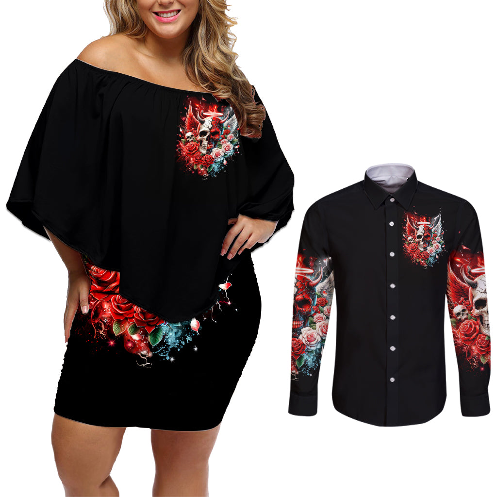 Evil Angel Skull Couples Matching Off Shoulder Short Dress and Long Sleeve Button Shirt Even The Devil Was Once An Angel - Wonder Print Shop