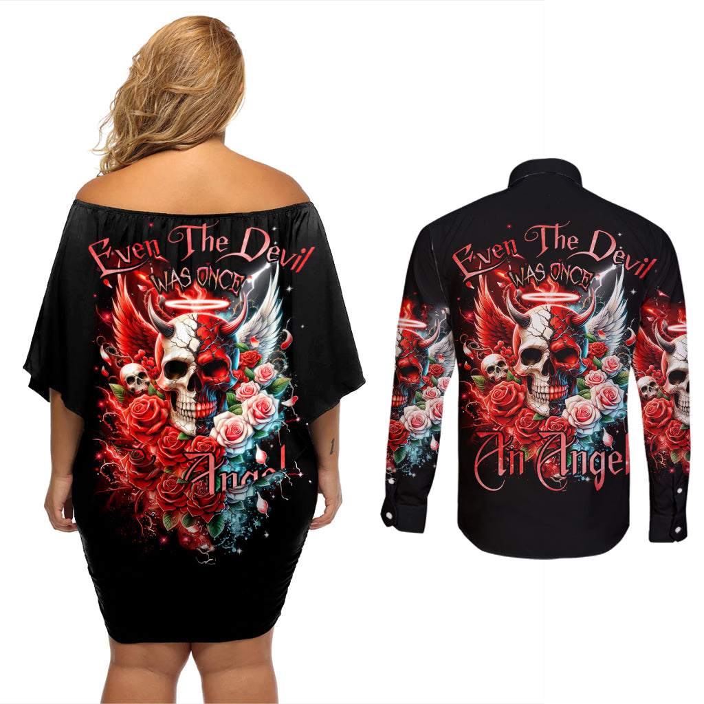 Evil Angel Skull Couples Matching Off Shoulder Short Dress and Long Sleeve Button Shirt Even The Devil Was Once An Angel - Wonder Print Shop