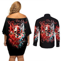 Evil Angel Skull Couples Matching Off Shoulder Short Dress and Long Sleeve Button Shirt Even The Devil Was Once An Angel - Wonder Print Shop
