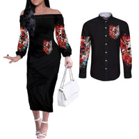 Evil Angel Skull Couples Matching Off The Shoulder Long Sleeve Dress and Long Sleeve Button Shirt Even The Devil Was Once An Angel