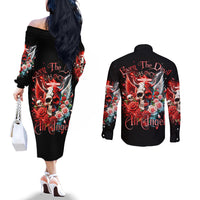 Evil Angel Skull Couples Matching Off The Shoulder Long Sleeve Dress and Long Sleeve Button Shirt Even The Devil Was Once An Angel
