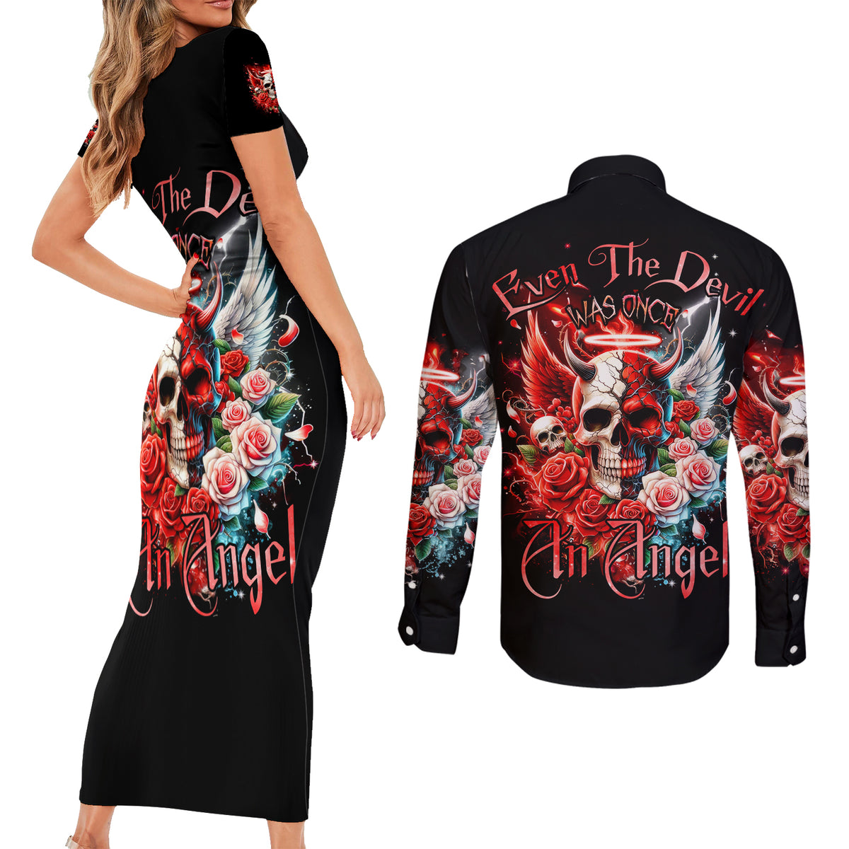 Evil Angel Skull Couples Matching Short Sleeve Bodycon Dress and Long Sleeve Button Shirt Even The Devil Was Once An Angel - Wonder Print Shop