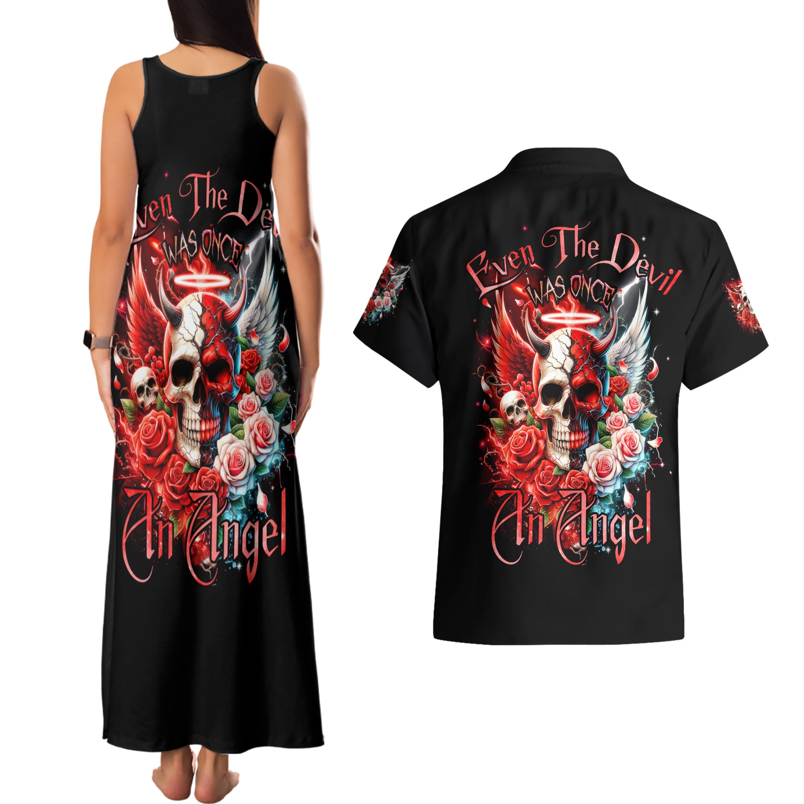 Evil Angel Skull Couples Matching Tank Maxi Dress and Hawaiian Shirt Even The Devil Was Once An Angel - Wonder Print Shop