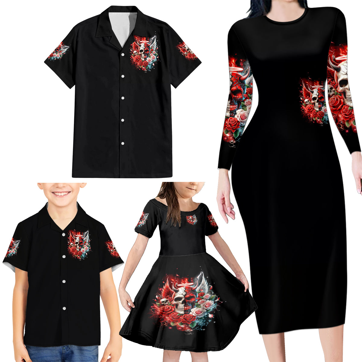 Evil Angel Skull Family Matching Long Sleeve Bodycon Dress and Hawaiian Shirt Even The Devil Was Once An Angel - Wonder Print Shop