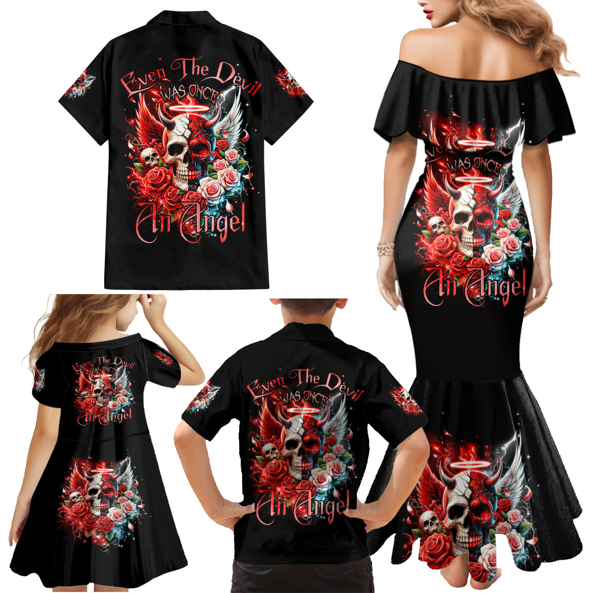 Evil Angel Skull Family Matching Mermaid Dress and Hawaiian Shirt Even The Devil Was Once An Angel - Wonder Print Shop