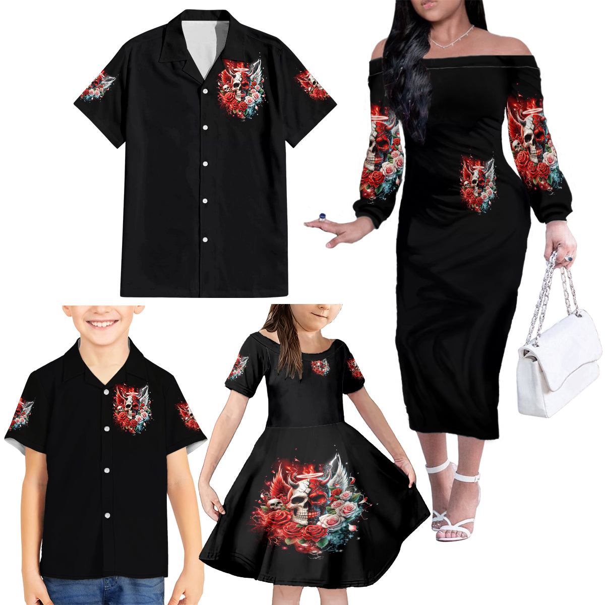 Evil Angel Skull Family Matching Off Shoulder Long Sleeve Dress and Hawaiian Shirt Even The Devil Was Once An Angel - Wonder Print Shop
