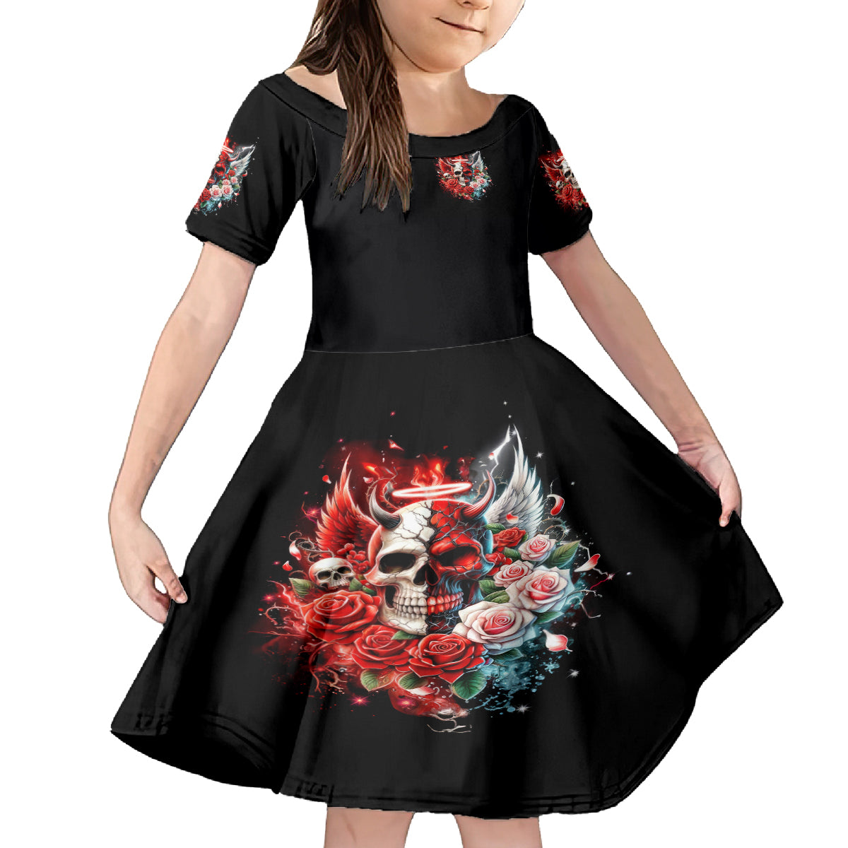 Evil Angel Skull Family Matching Off Shoulder Short Dress and Hawaiian Shirt Even The Devil Was Once An Angel - Wonder Print Shop