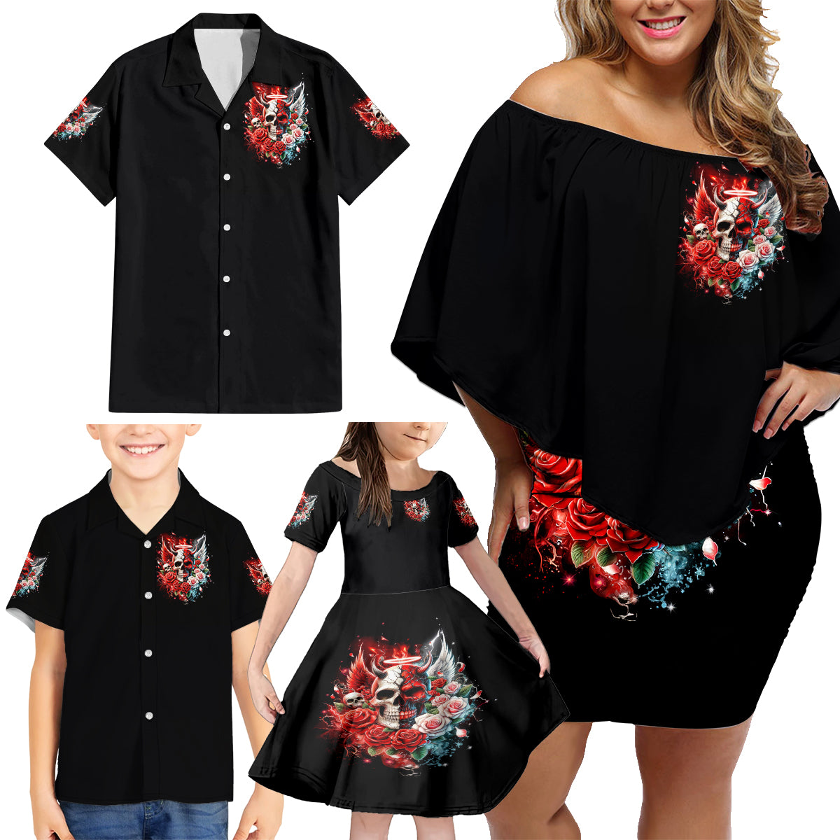 Evil Angel Skull Family Matching Off Shoulder Short Dress and Hawaiian Shirt Even The Devil Was Once An Angel - Wonder Print Shop