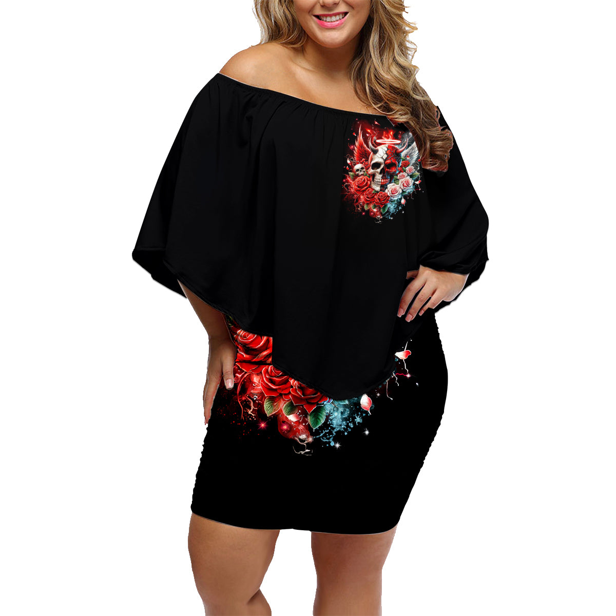 Evil Angel Skull Family Matching Off Shoulder Short Dress and Hawaiian Shirt Even The Devil Was Once An Angel - Wonder Print Shop