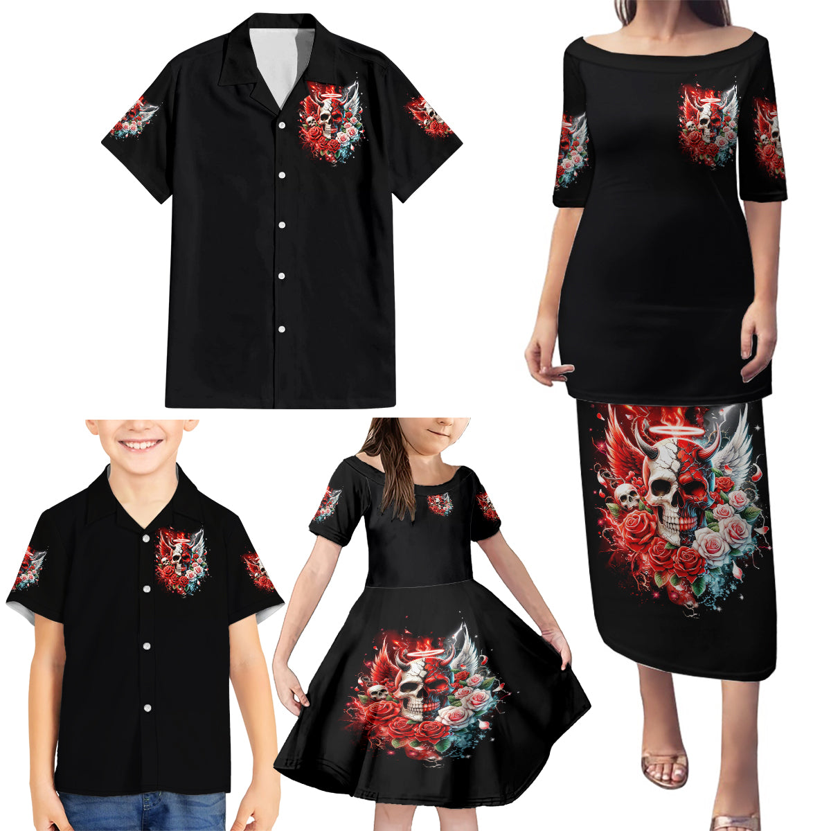 Evil Angel Skull Family Matching Puletasi and Hawaiian Shirt Even The Devil Was Once An Angel - Wonder Print Shop