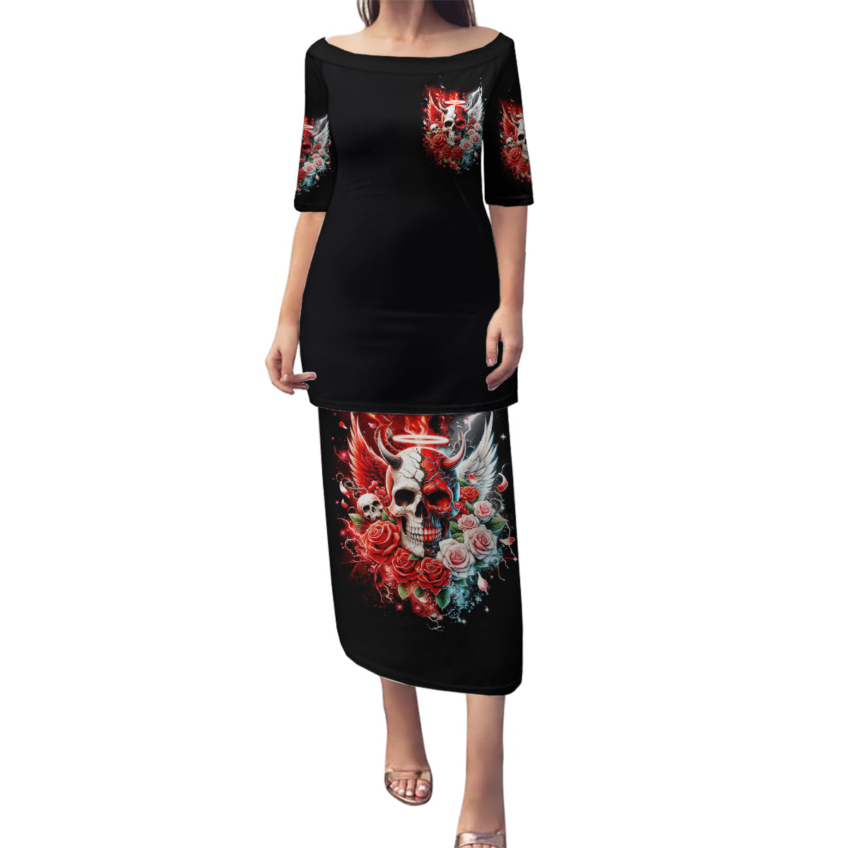 Evil Angel Skull Family Matching Puletasi and Hawaiian Shirt Even The Devil Was Once An Angel - Wonder Print Shop