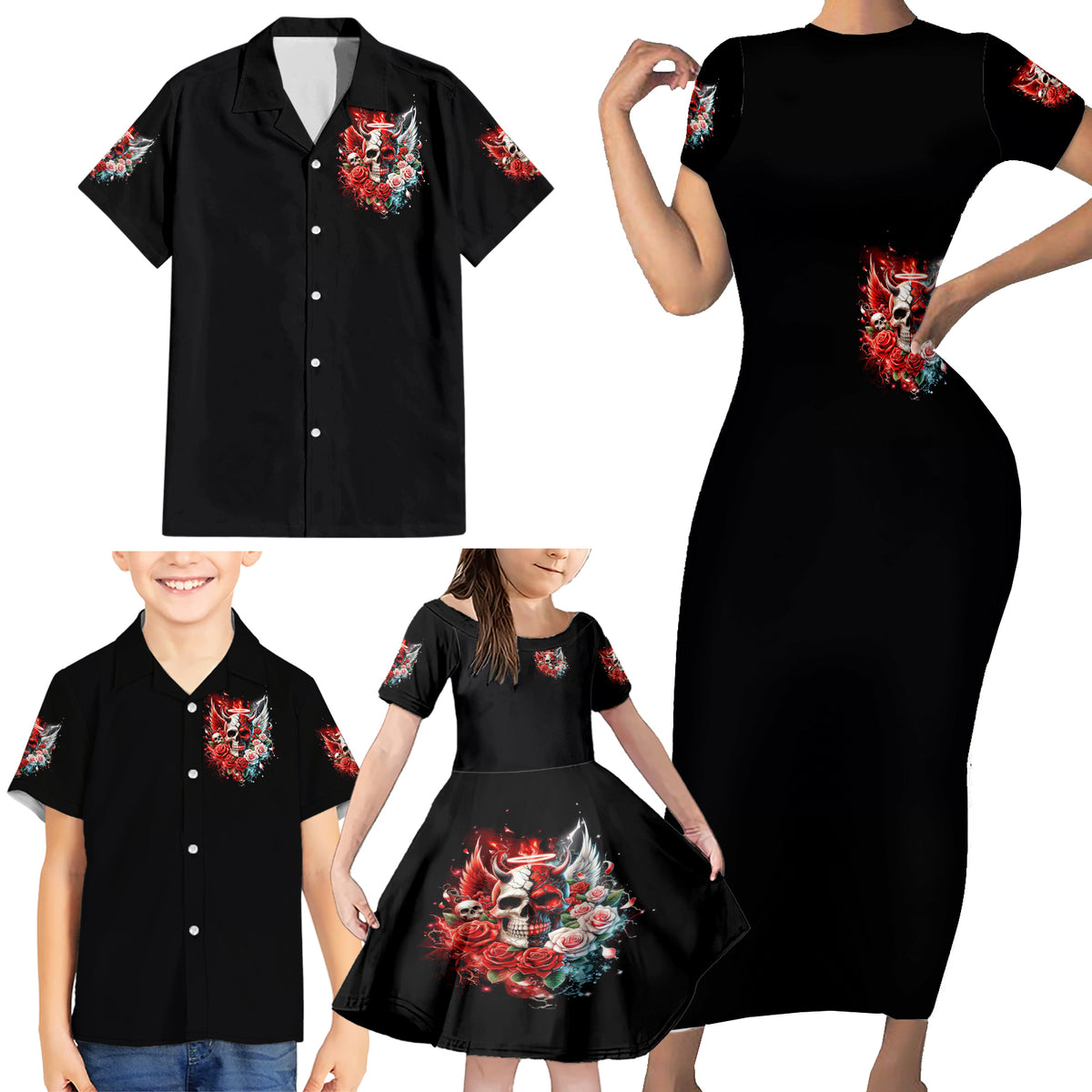 Evil Angel Skull Family Matching Short Sleeve Bodycon Dress and Hawaiian Shirt Even The Devil Was Once An Angel - Wonder Print Shop