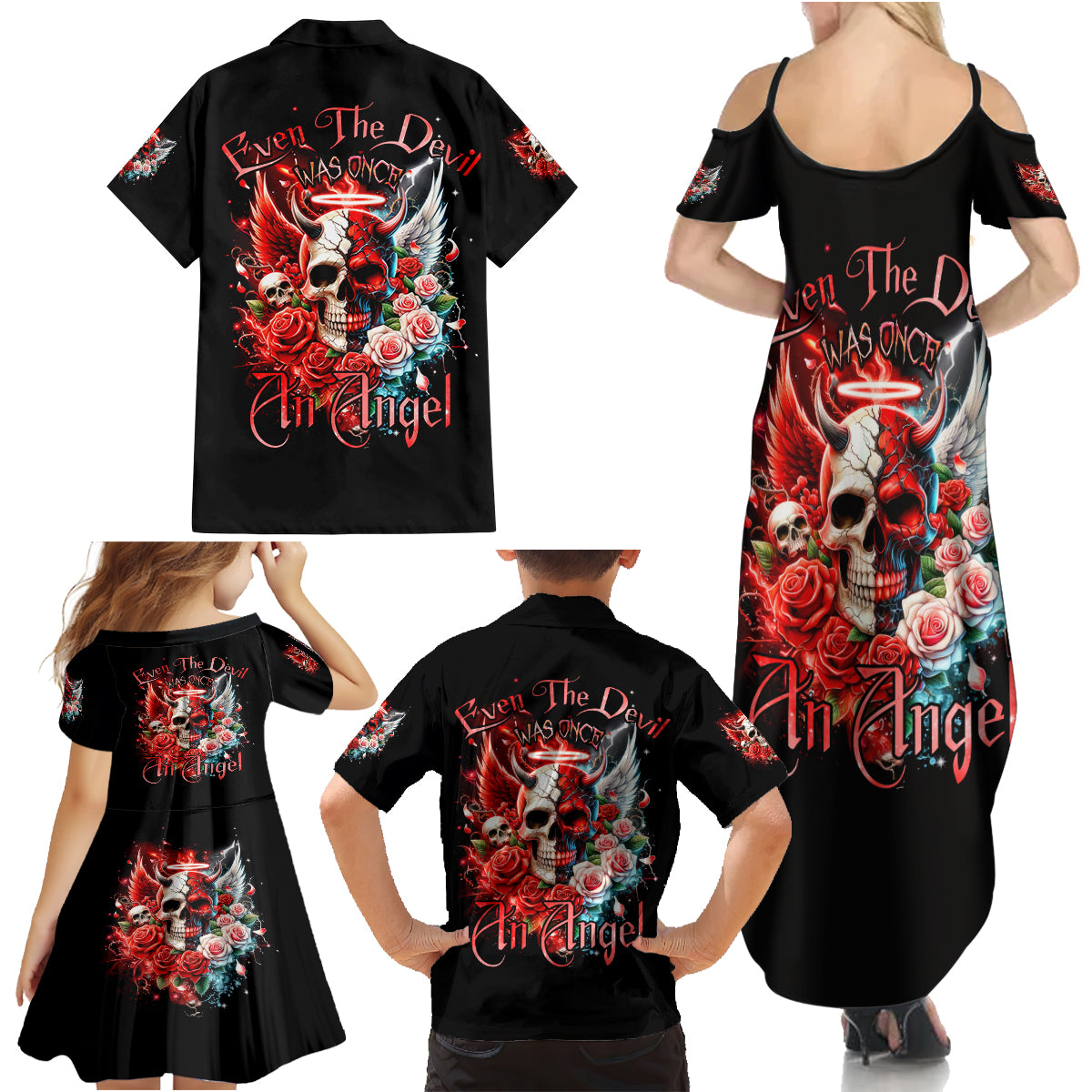 Evil Angel Skull Family Matching Summer Maxi Dress and Hawaiian Shirt Even The Devil Was Once An Angel - Wonder Print Shop