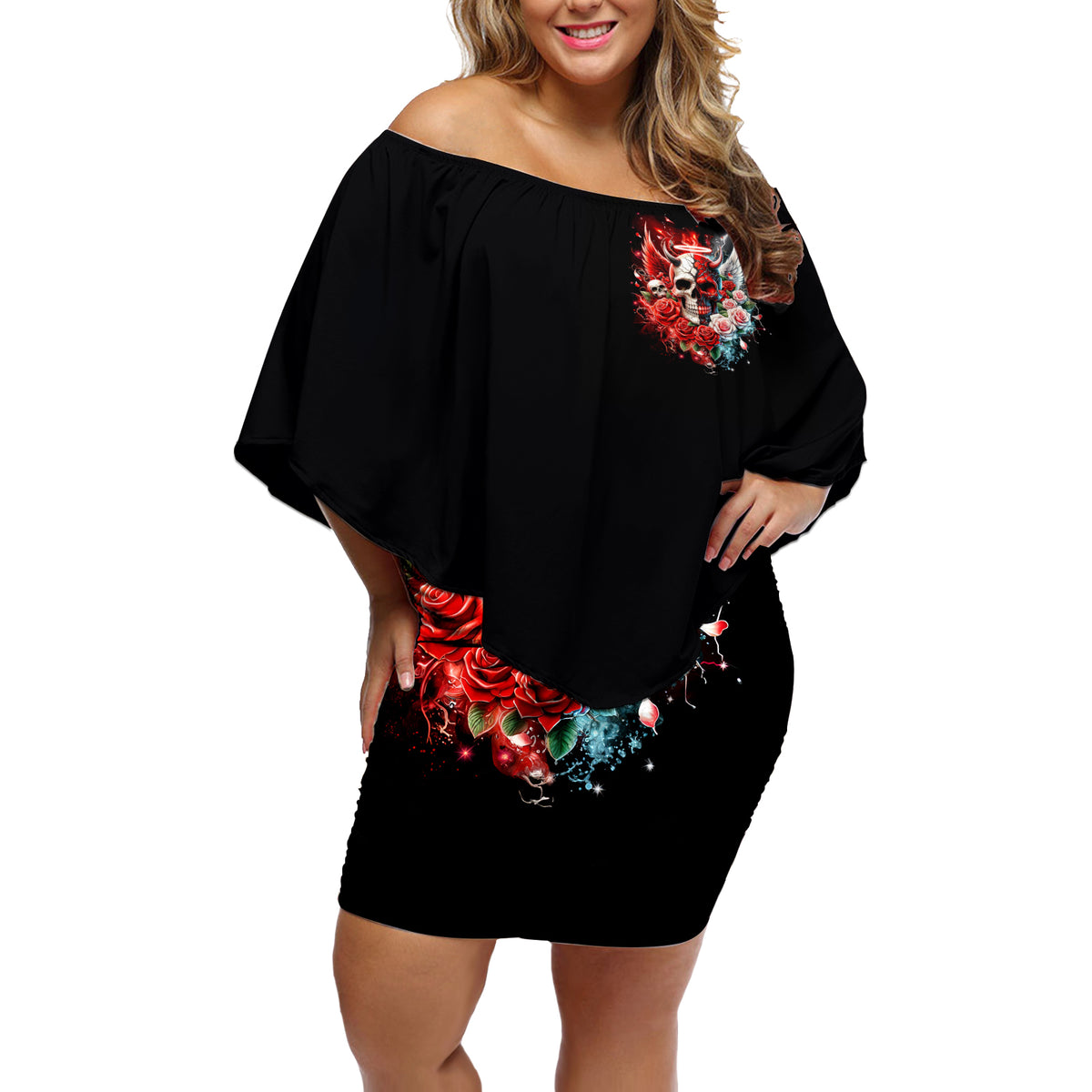Evil Angel Skull Off Shoulder Short Dress Even The Devil Was Once An Angel - Wonder Print Shop