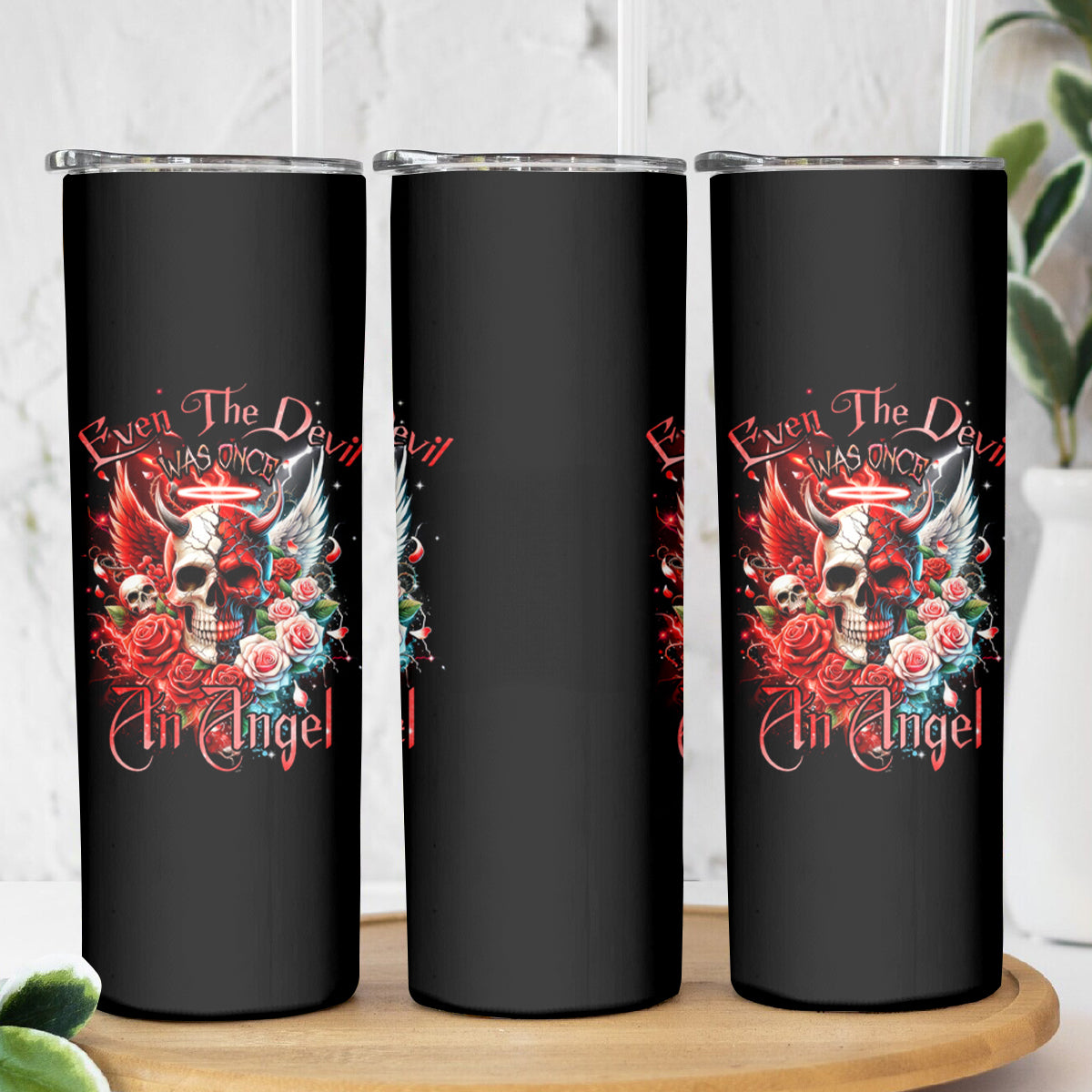 Evil Angel Skull Skinny Tumbler Even The Devil Was Once An Angel - Wonder Print Shop